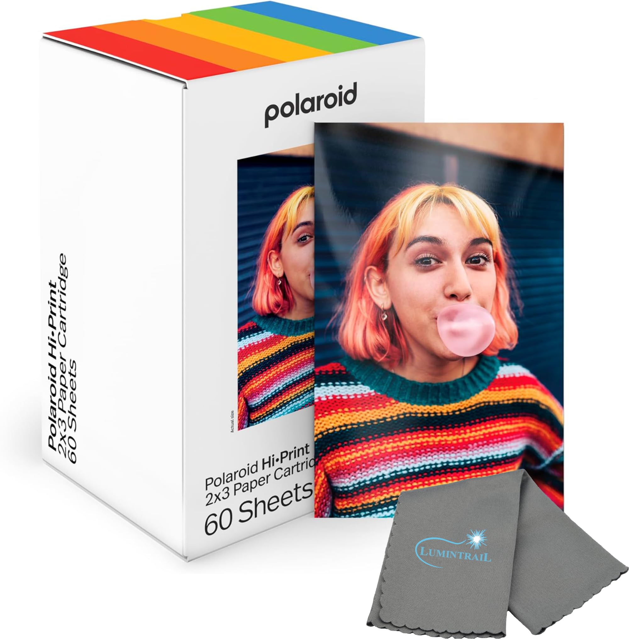 Polaroid Hi Print - Cartuccia di carta 2 x 3, stacca e incolla, confezione da 3 (60 foto) con un panno in microfibra Lumintrail