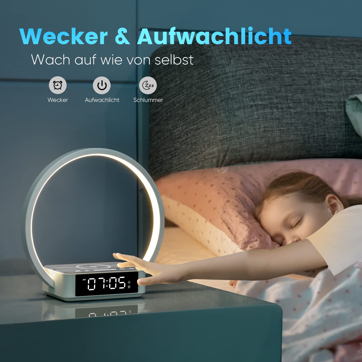 WILIT LED Nachttischlampe mit Ladefunktion 18W, Lichtwecker mit Uhr, Nachttischlampen Touch Dimmbar Schlafzimmer mit 3 Helligkeitsstufen, 10W Wireless Charger, Grau