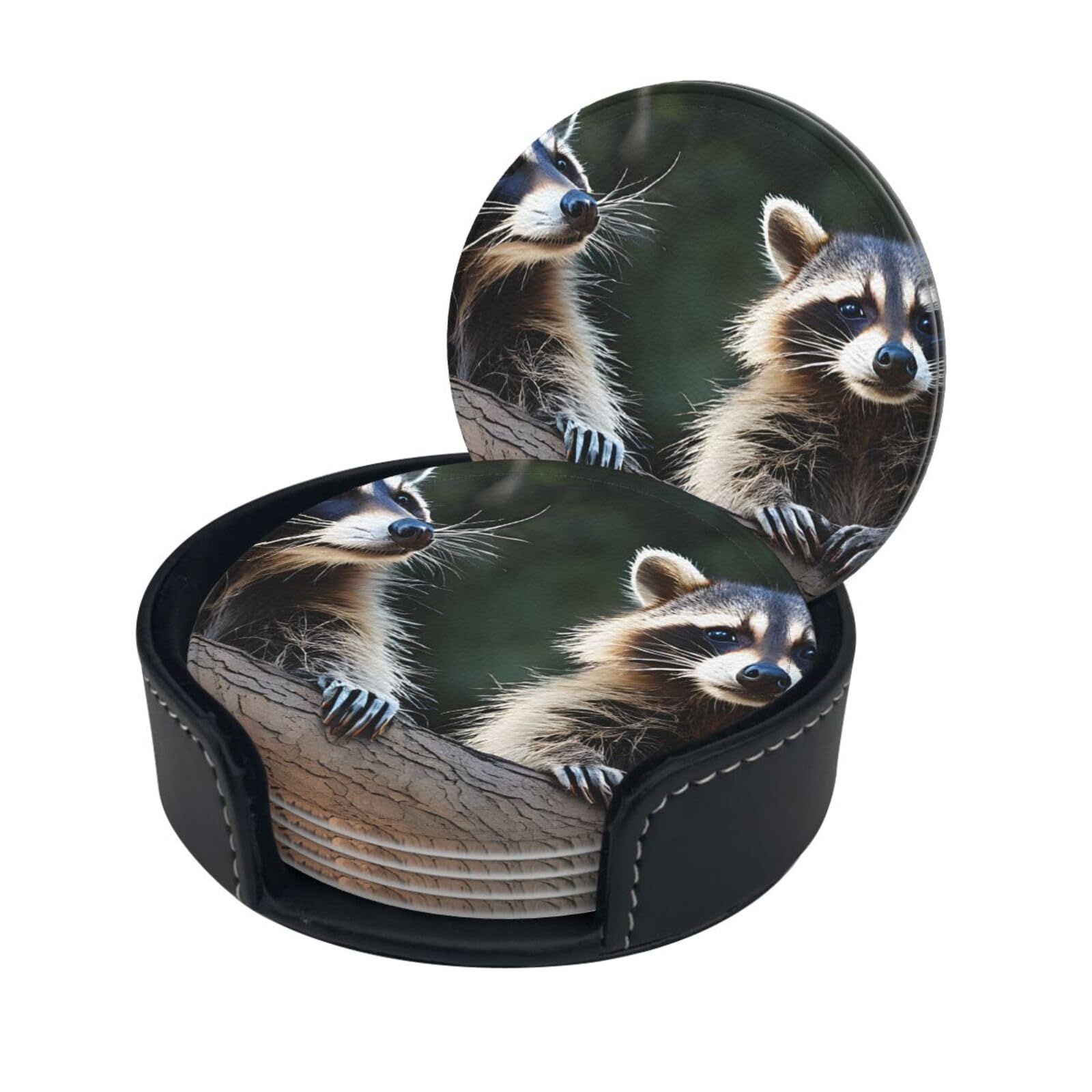 Little Raccoon Face Printed Leather Coasters (6-Pack) - Heat Resistant Drinks Cup Mat Pad for Home and Office Decor