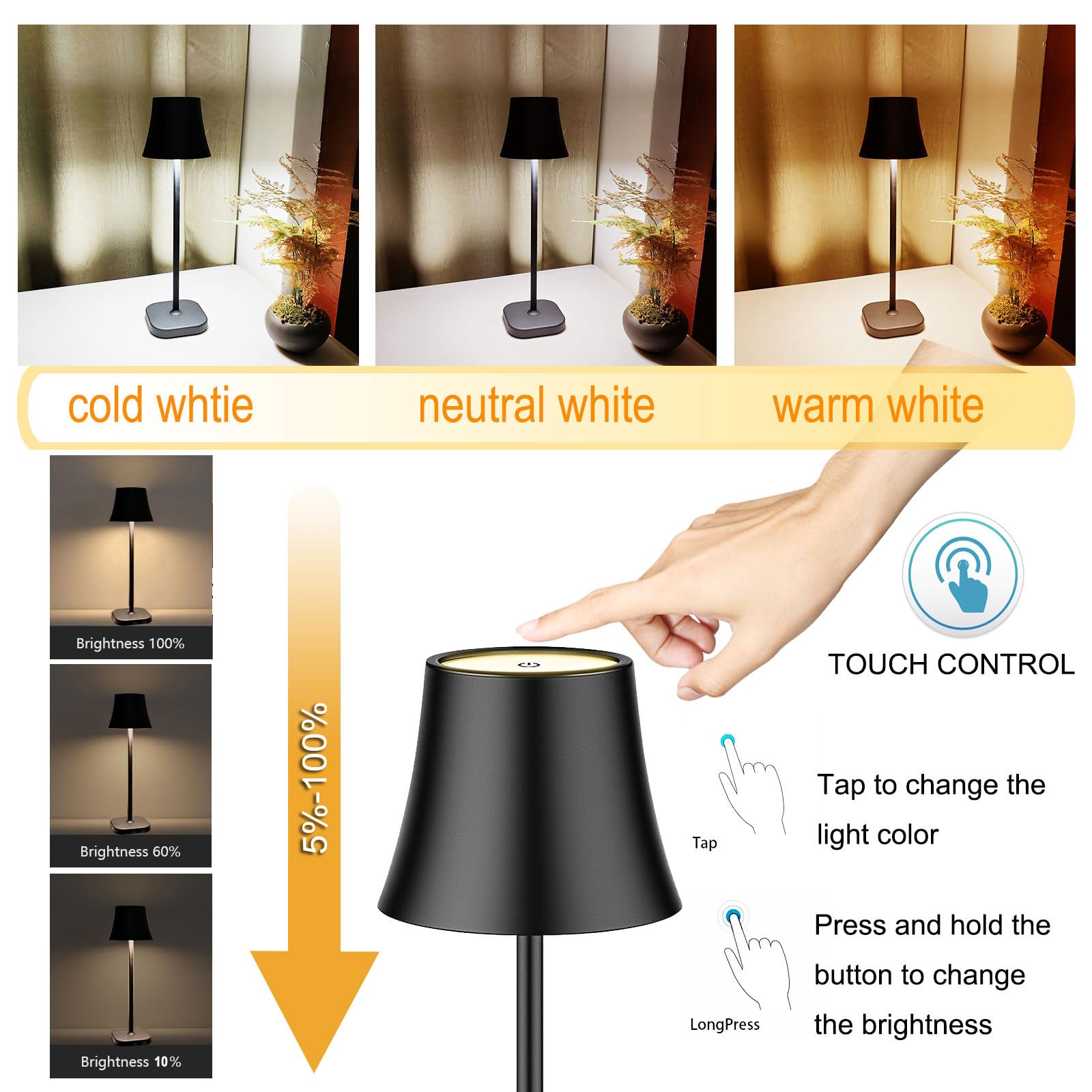 Lampada da Tavolo Senza Fili, Lampada da Scrivania,con Batteria a LED, 5400 mAh, Autonomia, 72 ore, Dimmerabile, Lampada da Comodino con Controllo Tattile, Labat Jour da Comodino, 3 Colori Dimmerabili