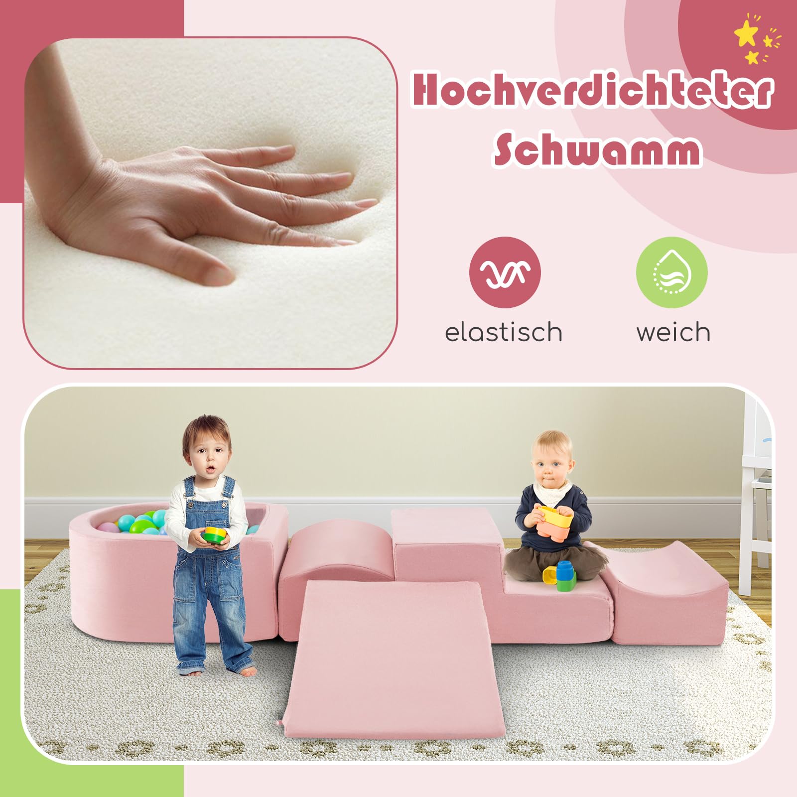 DREAMADE 5 TLG. Softbausteine, Riesenbausteine mit Bällebad & waschbarem Bezug, Großbausteine aus Schaumstoff, Kletterblöcke zum Toben & Klettern für Kleinkinder (Rosa)