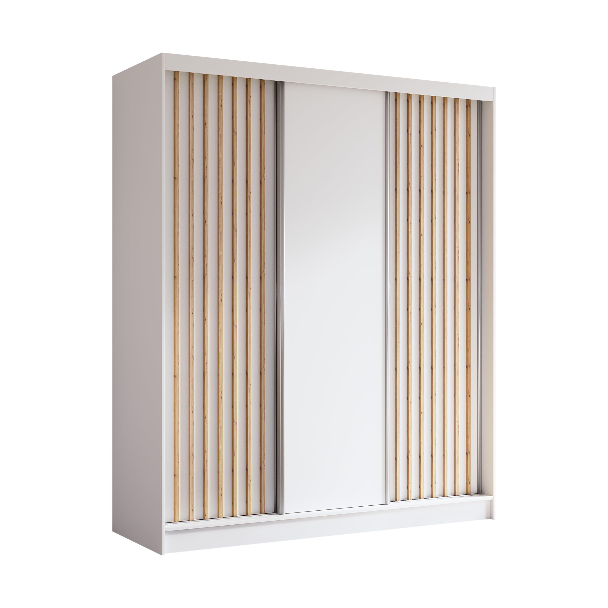 Kleiderschrank Erika mit Lamellen ohne Spiegel, Organizer, Mehrzweckschrank, Schwebetürenschrank, Garderobenschrank, Kleiderstange, Kleiderständer, Flurschrank, 180 cm, weiß, braun