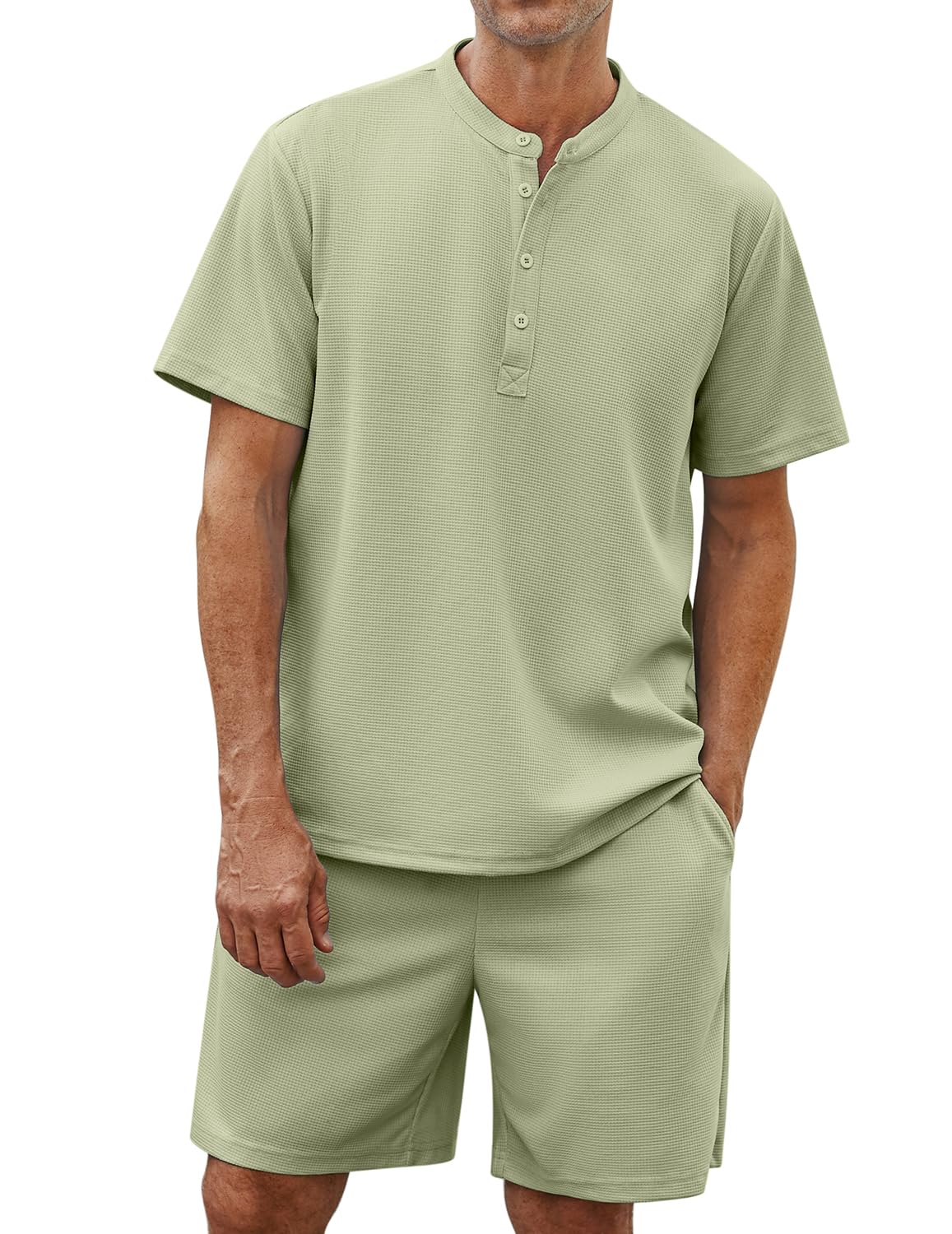 hawalili Men's 2 Piece Outfits Henley Shirt Short Sets Short Sleeve Waffle Stretch Summer Beach Casual Suit