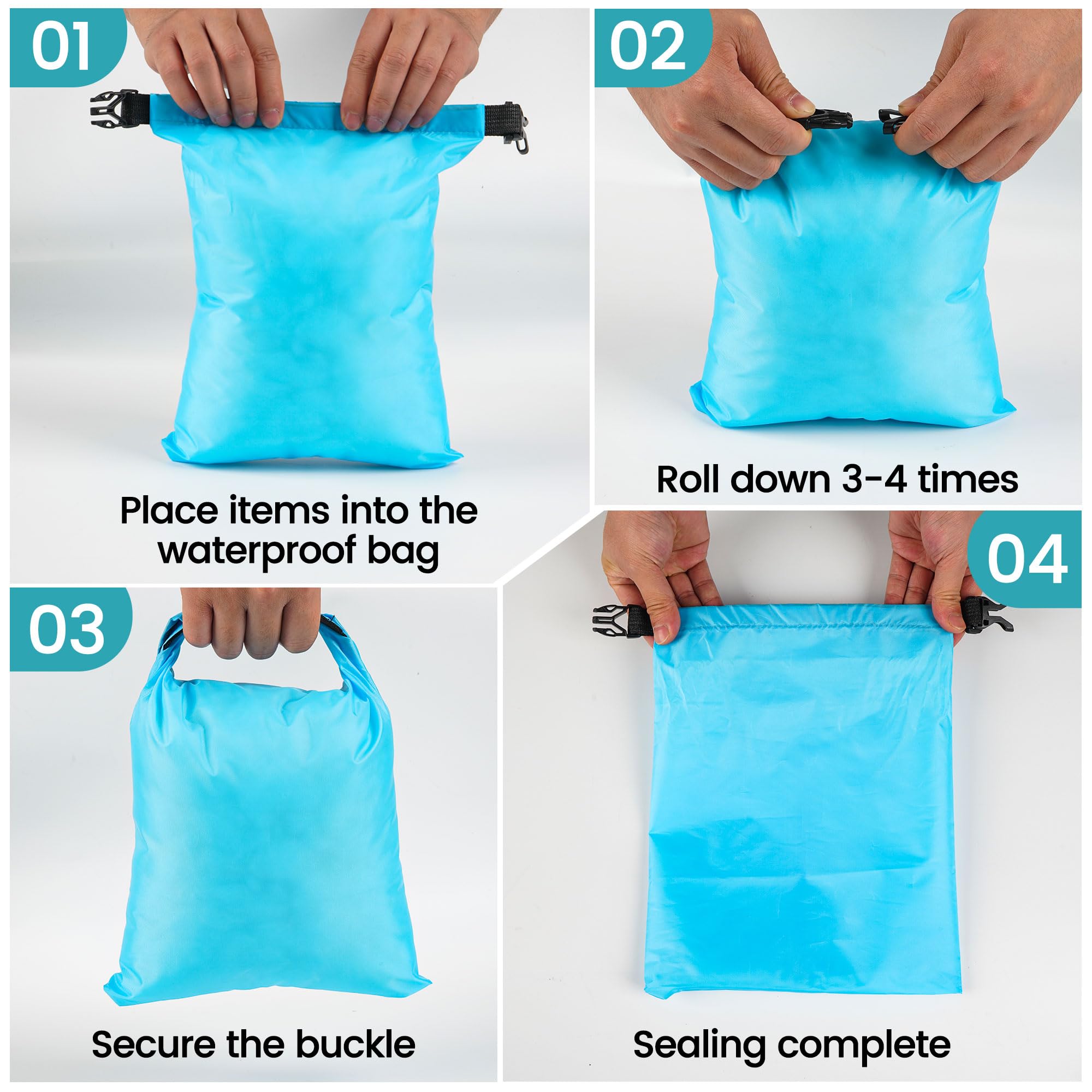 Set de 6 Sacs étanches – 1,5L, 2,5L, 3L, 3,5L, 5L, 8L Pochette Étanche | Idéal pour le stockage étanche en extérieur, les sports nautiques & le camping | Léger & Résistant