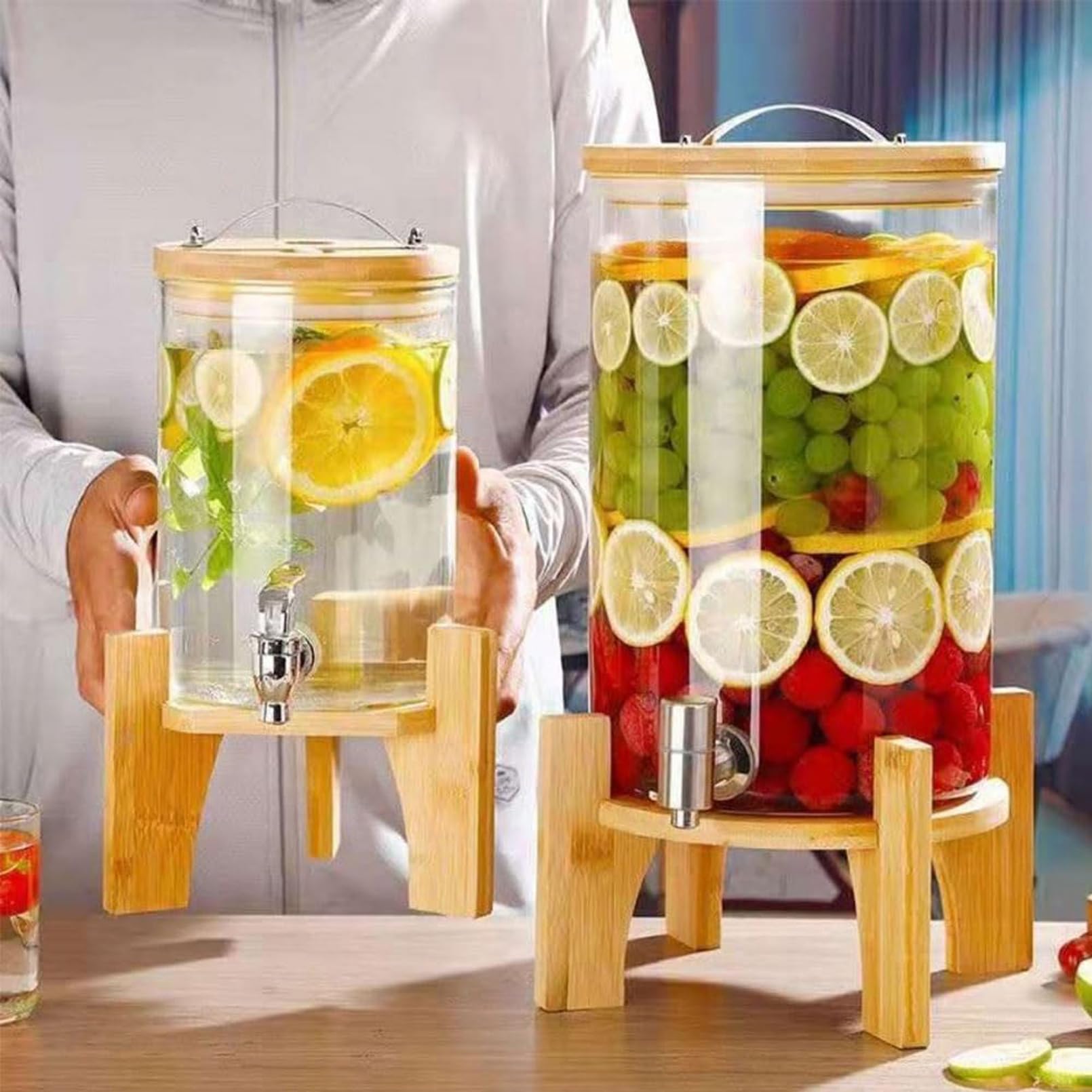 Dispensadores De Agua Caliente, Dispensador De Bebidas De Vidrio De 10 L Con Grifo De Acero Inoxidable Y Soporte De Madera - Botella De Jugo A Prueba De Fugas Para Fiestas - Contenedor De Agua Para R
