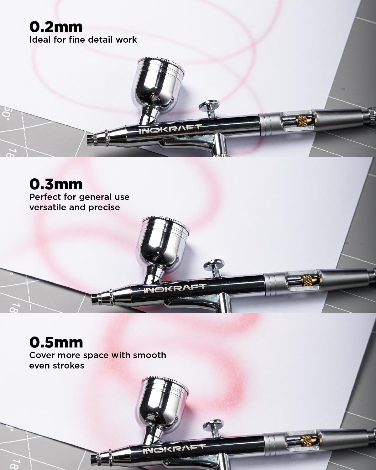 Inokraft Zestaw Airbrush Pro z 3 zestawami dysz 0,2, 0,3 i 0,5 mm – podwójny uchwyt grawitacyjny i poradnik, farba do malowania modeli