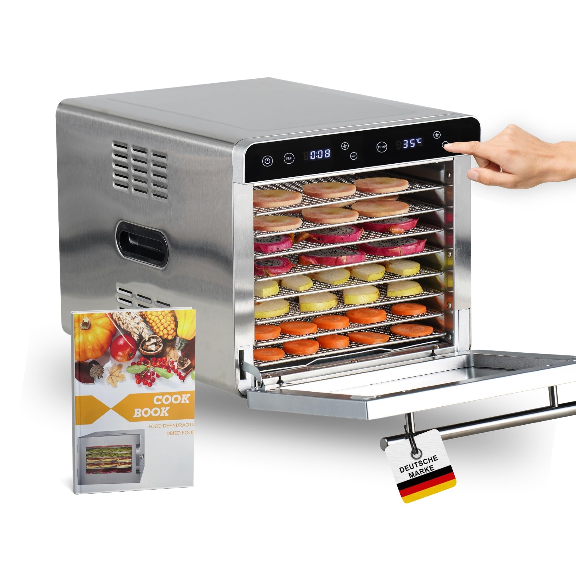 Sommertal Silence 700 XXL - Deshidratador (8 deshidratadores de acero inoxidable, pantalla LED, temporizador de 24 horas, ajuste de temperatura ajustable (35 °C – 85 °C), incluye libro de cocina,