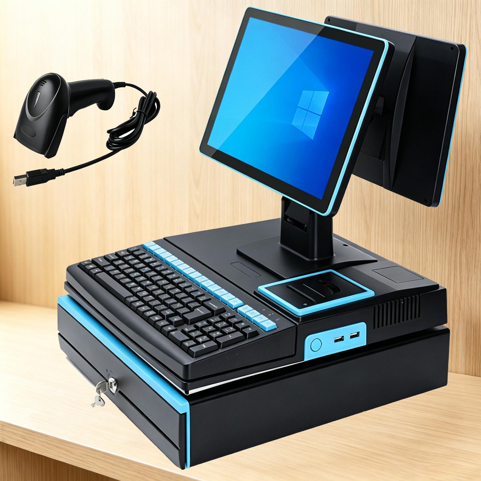 Pvxa All-in-one Cash Register for Restaurants & Retail, Point Of Sale 15.6" Touch Screen Cash Register, Single/Dual Screen, Barcode Scanner, Printer, Cash Drawer DualScreen-Blue