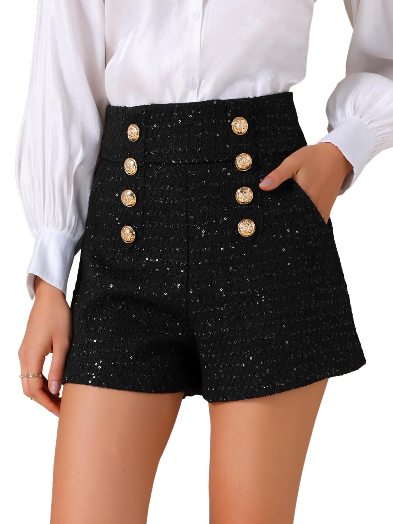 Allegra K Womens Sequin Tweed Shorts Club Button Front High Waist Wide Legs Short Pants
