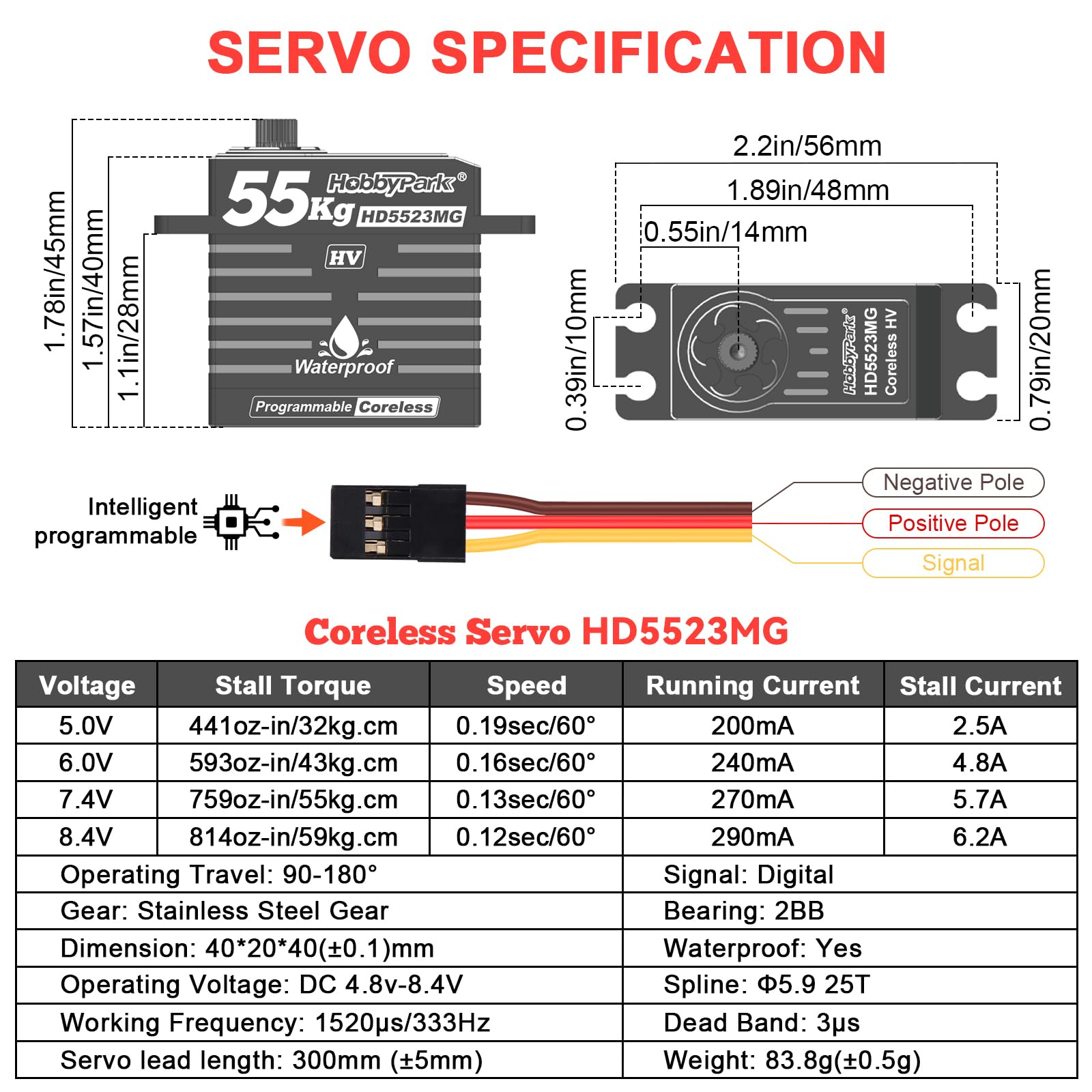 HobbyPark Waterproof 55KG Servo Coreless Motor 8.4V HV Servo High Torque Servo Full Metal Gear RC Servo Programmable for 1/8 1/10 RC Crawler RC Truck RC Car Buggy Robotic 180° w/Servo Horn