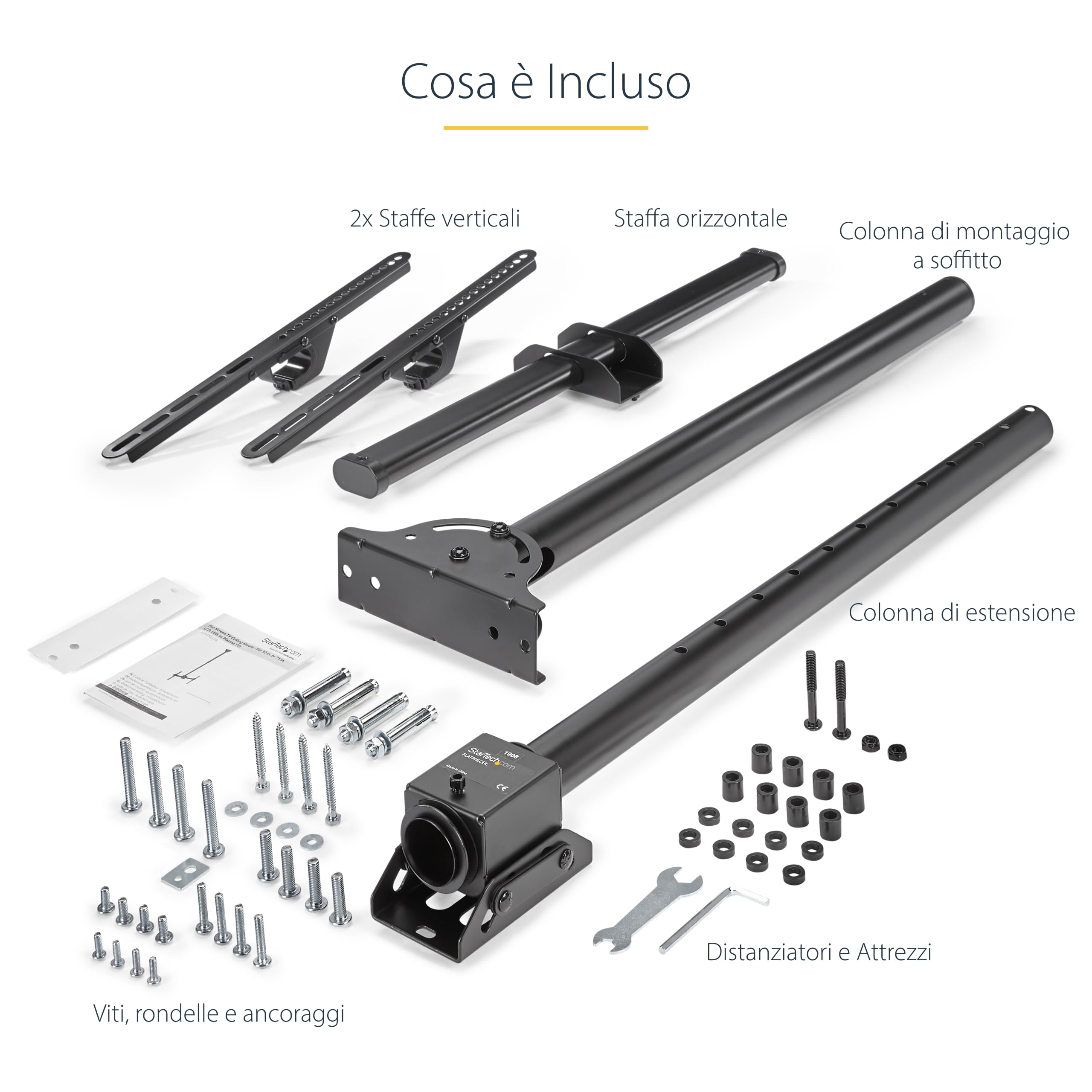 StarTech Supporto TV da Soffitto da 32" a 75" VESA (FLATPNLCEIL) | Asta Telescopica Regolabile, Schermo Singolo, Inclinabile e Girevole
