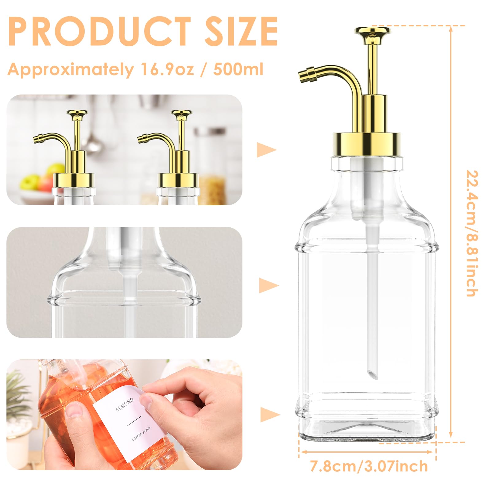 Zestaw dozowników syropu do kawy z silikonowym lejkiem, 500 ml, szklana butelka syropu z etykietą, przezroczysty pojemnik na syrop kawowy, przenośny dozownik pompy do kawy, dozownik do syropu