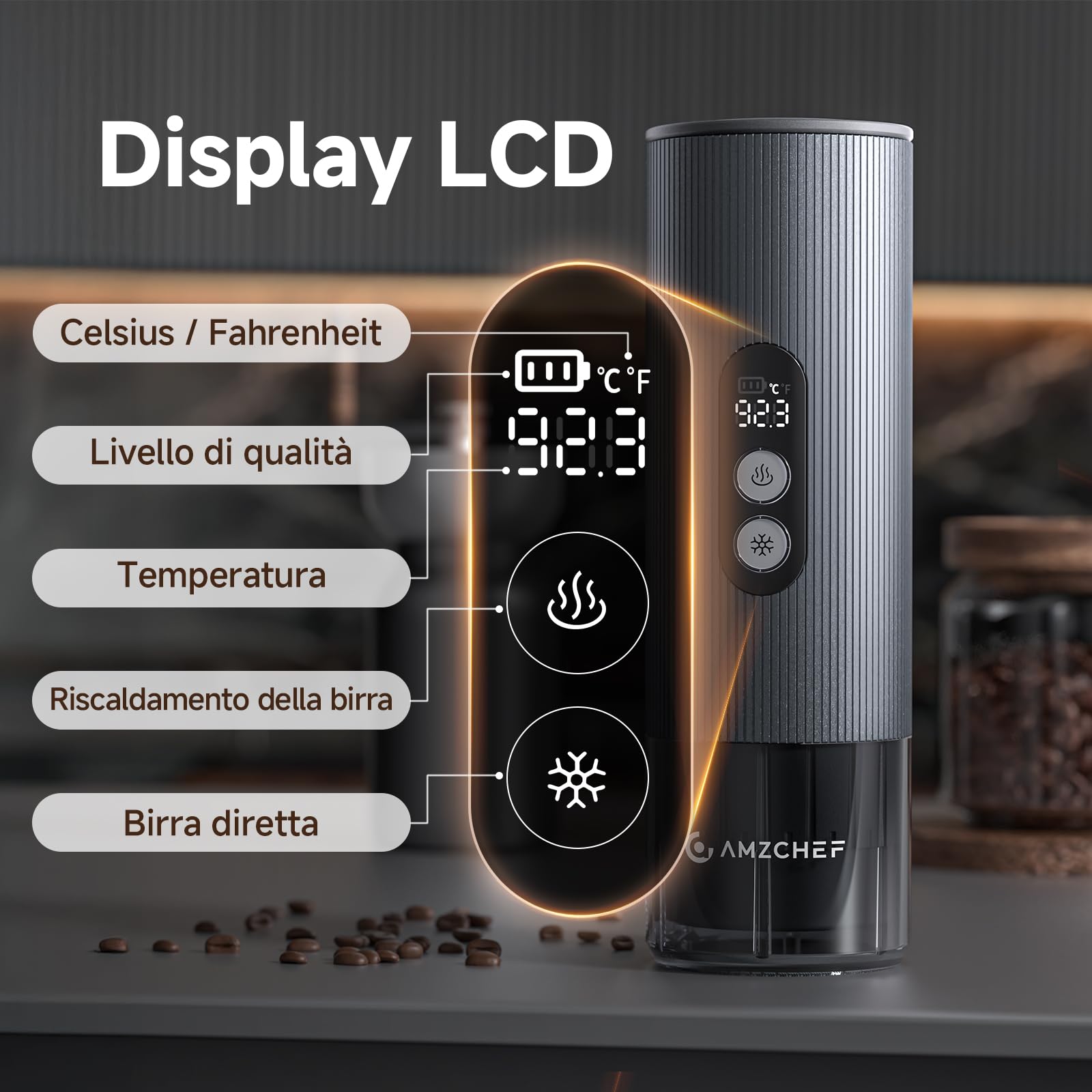 AMZCHEF Macchina Caffe Portatile 20 Bar – Ricaricabile USB-C, Compatibile con Capsule e Caffè Macinato – Macchina da caffè espresso elettrica portatile per Campeggio, Ufficio, Auto,Alluminio