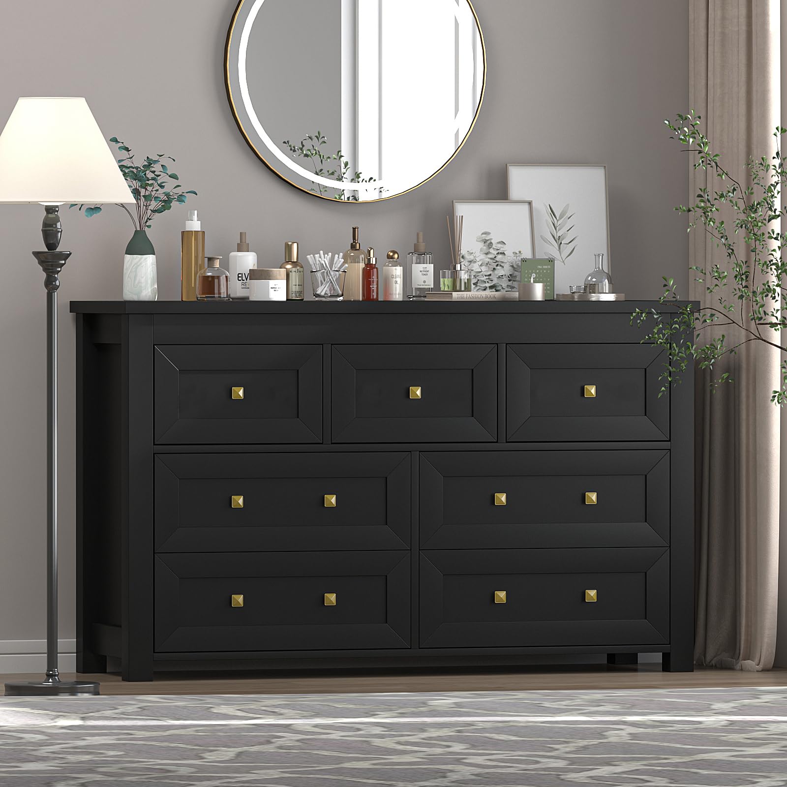 Black Dresser for Bedroom with 7 Drawers, Nature Wood Dresser Chest of Drawers with Metal Handles, Modern Dresser with Drawers for Closet Hallway, Living Room, Bedroom