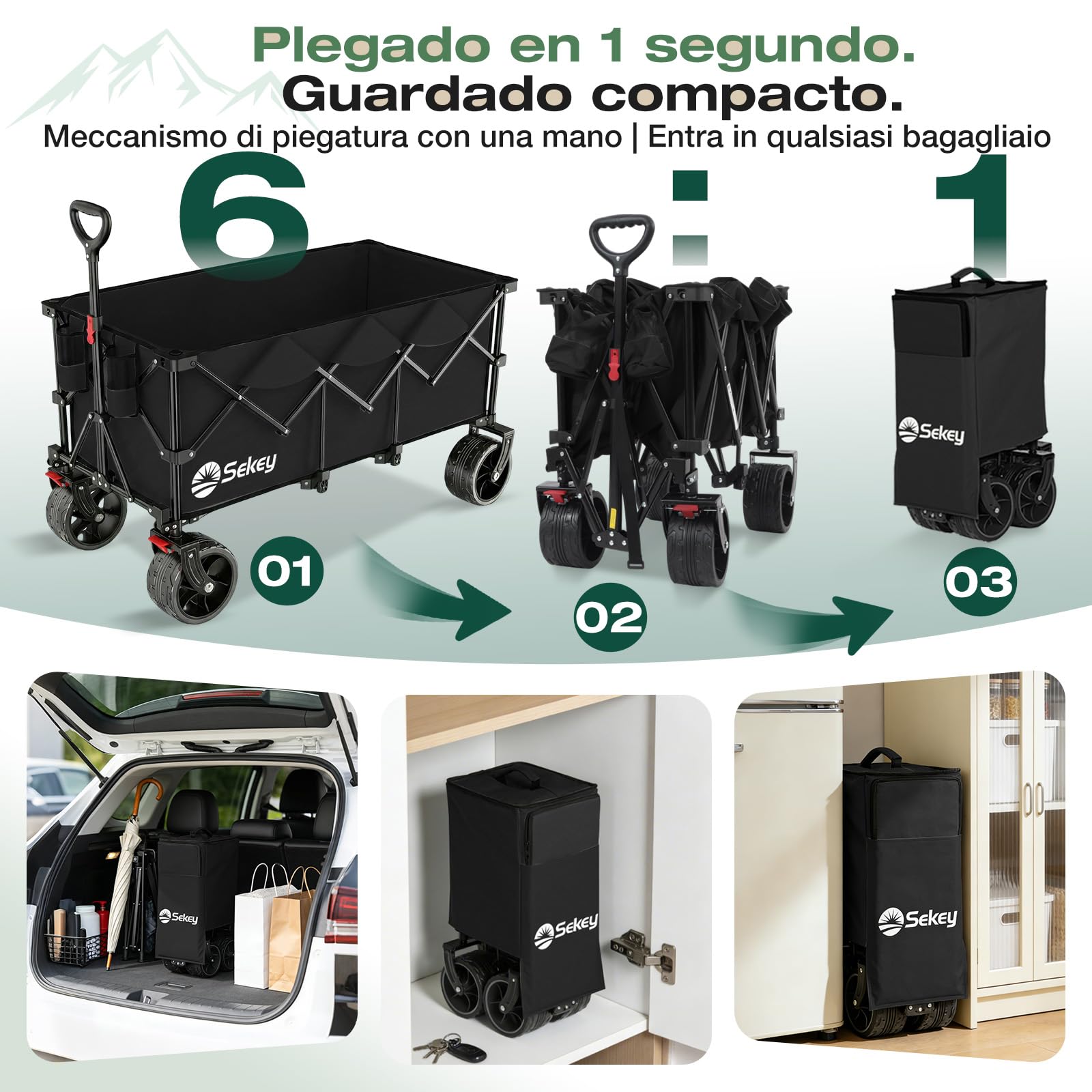Sekey XXXL Carro Transporte Plegable 300L Capacidad 200KG, Modelo Alargado con Ruedas Todo Terreno 17x10 cm, Patente Sistema 4 Direcciones de Montaje Rápido, Negro