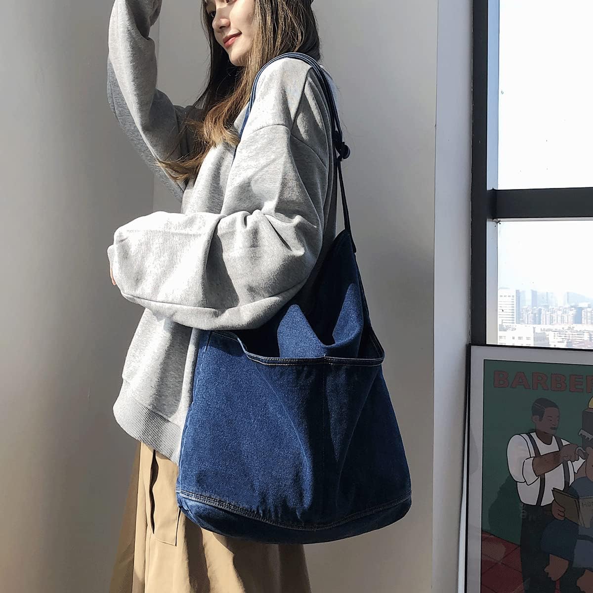 Denim Shoulder Bag Canvas Messenger Bag for Women Men Tote Bag Casual Retro Aesthetic Crossbody Bag Handbag - Image 4