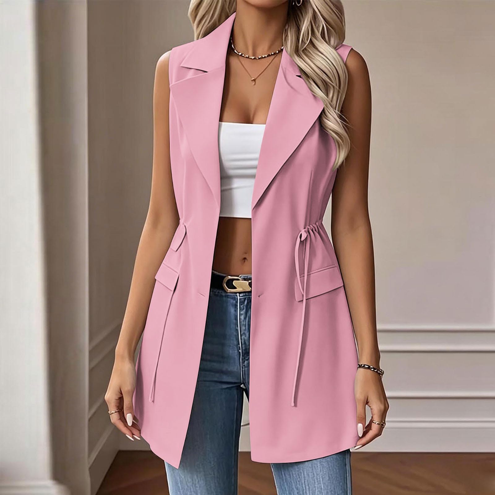 Blazer Damen Ärmellos Weste Revers Offene Vorderseite Jacke mit Tasche | Elegant Einfarbig Kurze Ärmelloser Blazer Revers mit Knöpfen Taschen