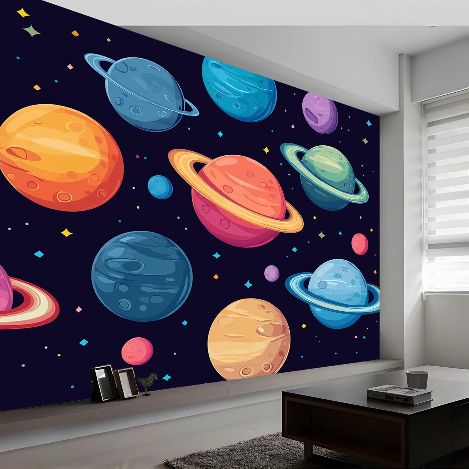 Papier Peint 3D Planète de bande dessinée Panoramique Peinture Murale Interieur 250x175 cm pour Salon Chambre à Coucher D'Enfant Maison Décoration Murale