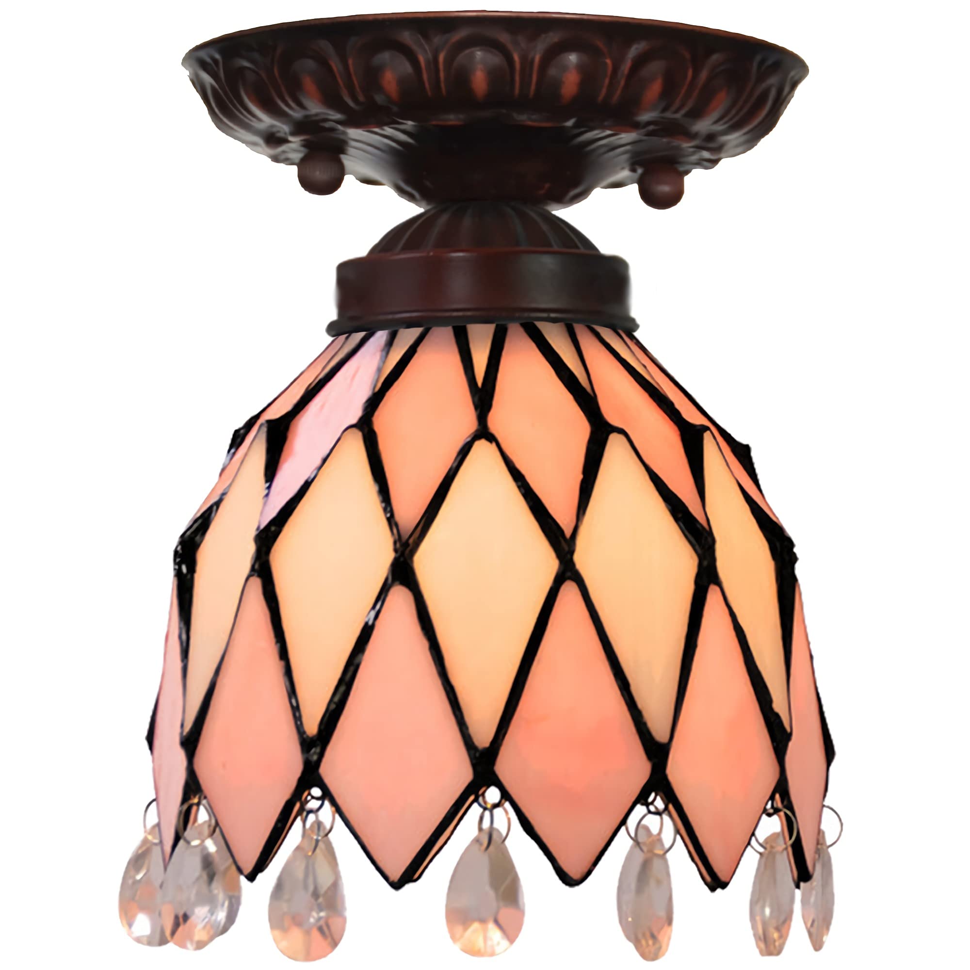 Yjrong Tiffany Ceiling Light Flush Mount, Vintage Pink Stained Glass Mini Ceiling Lamp, Victorian Style Metal Chandeliers for Bedroom Dining Room Hallway Kitchen Island (6.5" W X 5.9" H)