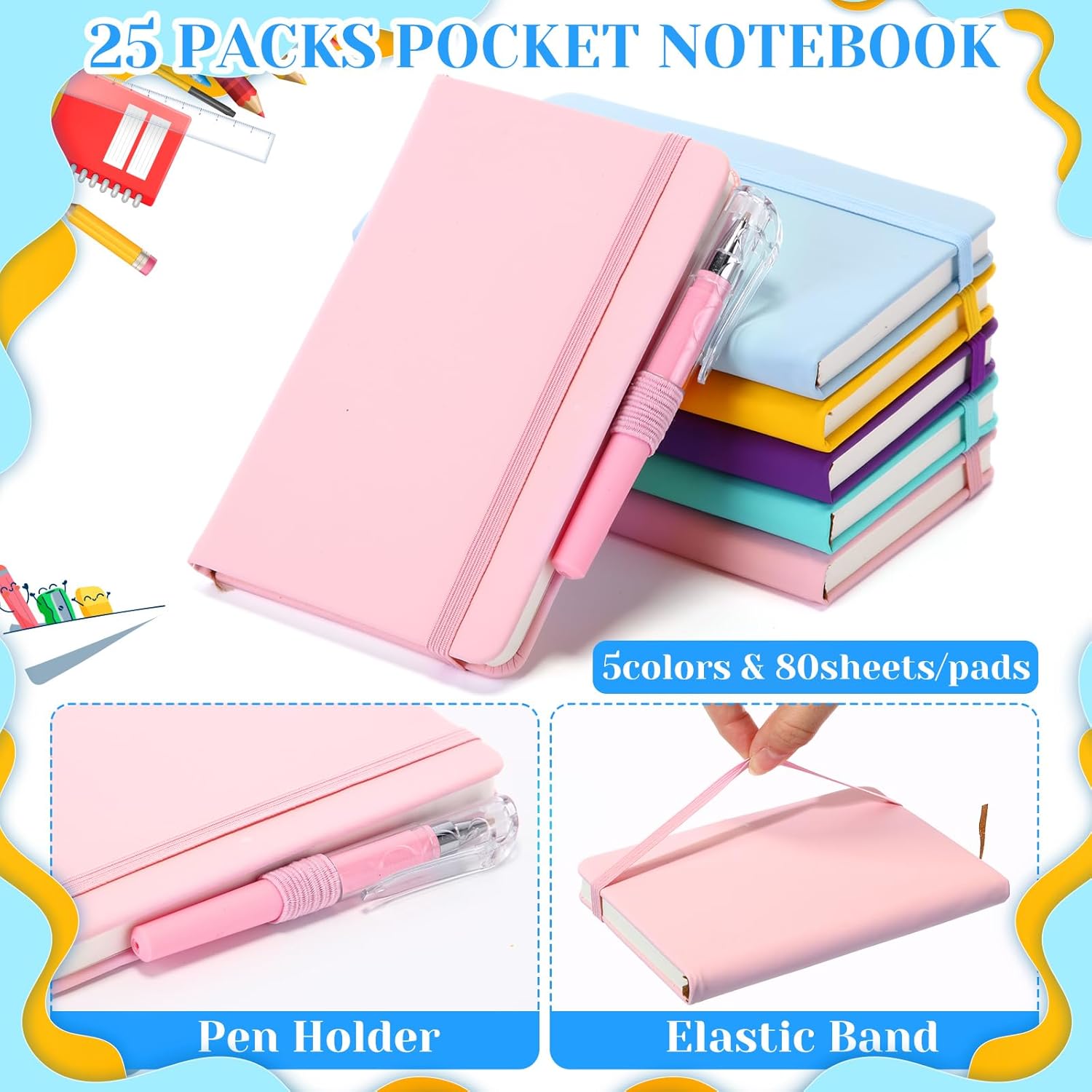 Sayglossy 25 Sets Small Notebook with Pen Bulk 5.6'' x 3.7'' Mini Notebooks and Pens Leather Pocket Journals A6 Ruled Notebooks for Business Work Travel Memos School Office Supplies(Macaron Colors)