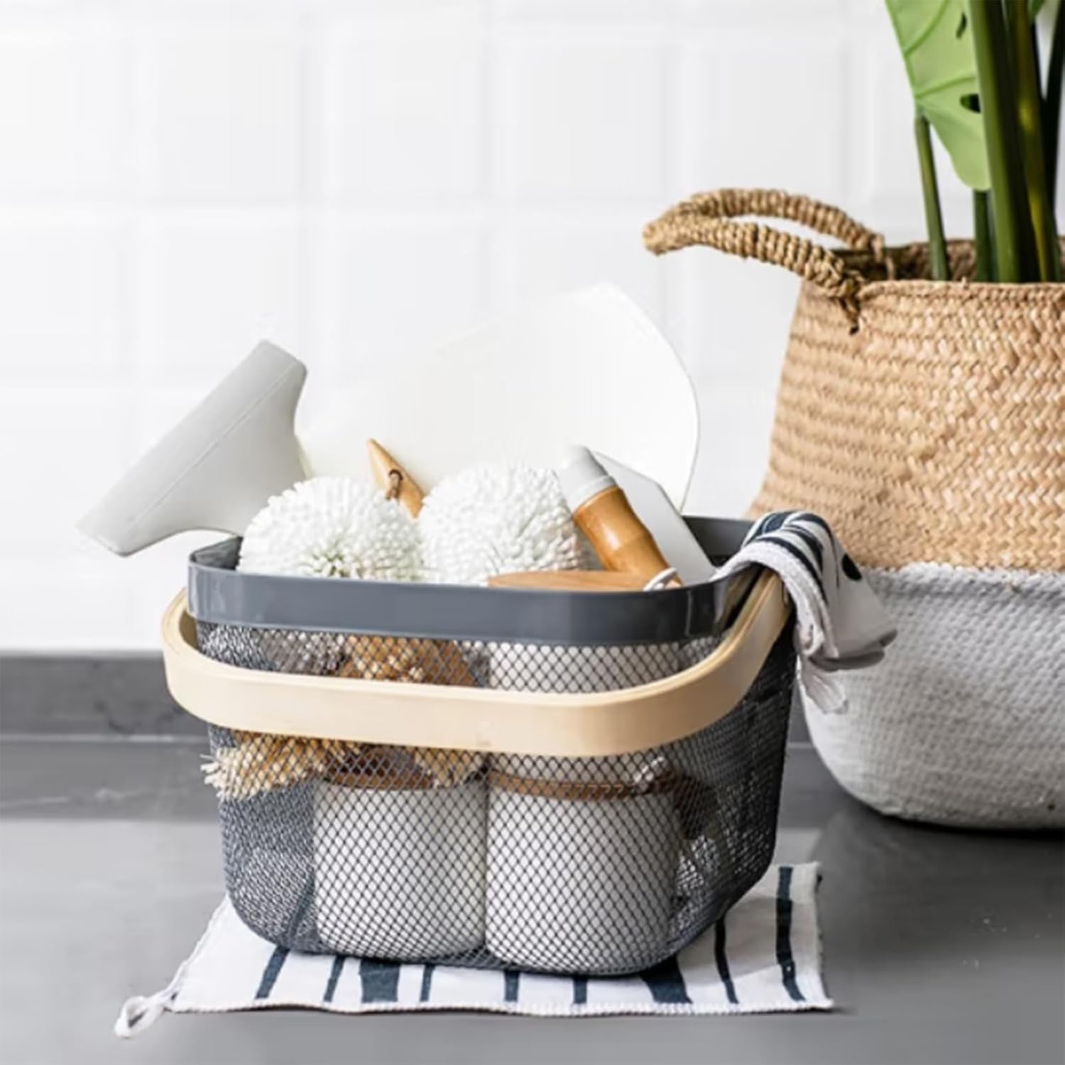 AJIODA Metal Mesh Steel Basket, Storage Organizer Basket Multi-functional Hanging Kitchen Baskets Fruit Basket with Wooden Handle for Kitchen Bathroom Picnic Shopping Decor Cabinet Home, Grey