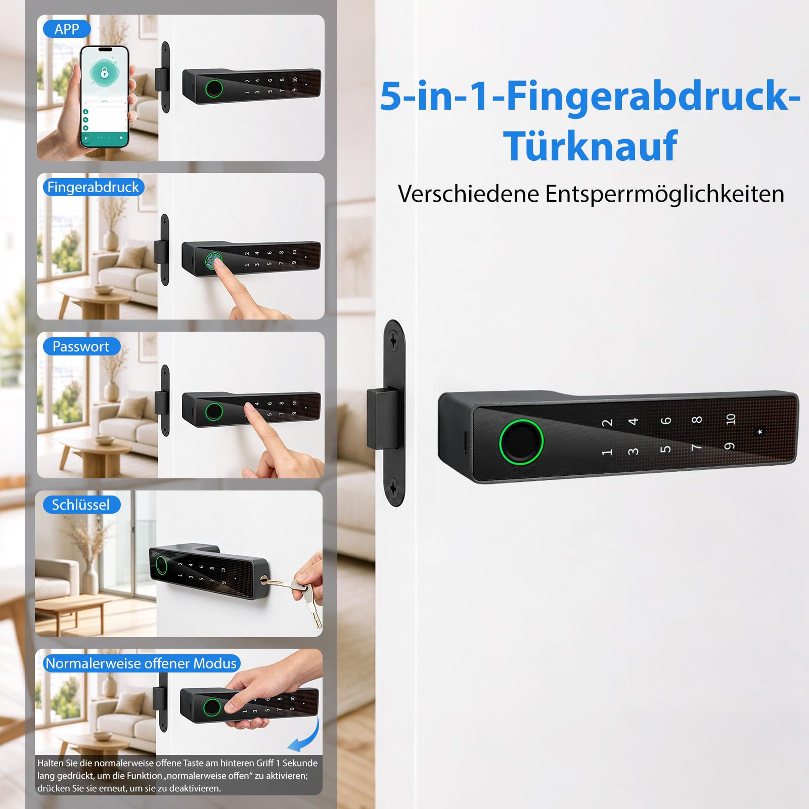 5-in-1 Türöffner Fingerabdruck, Türschloss mit Zahlencode, Smart Türschloss mit Fingerabdruck, APP, Code, Schlüssel & biometrischer Entsperrung für Schlafzimmer, Zuhause, Hotel (schwarz)