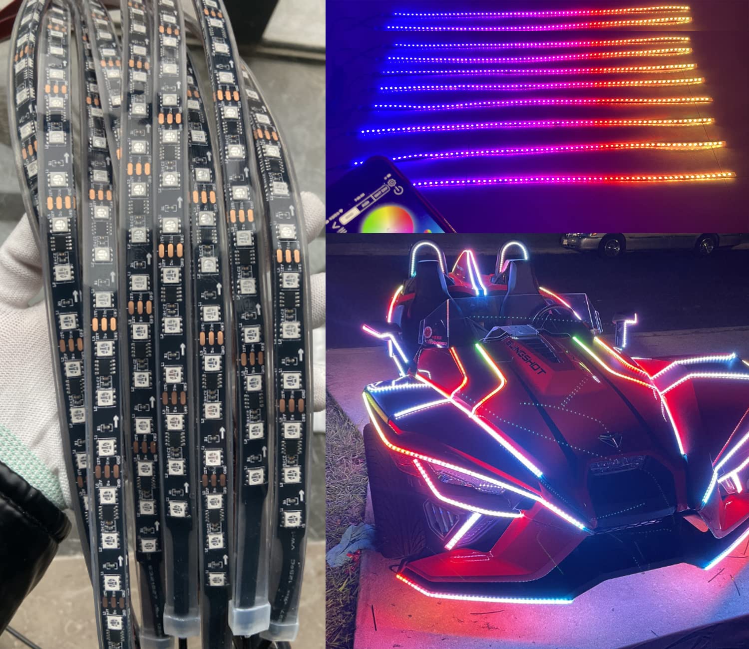 10PCS 6.5FT 2Meters 78inch Single Row RGB + Dream Color Chasing Illuminated Addressable LEDs Light Strips for Car Truck Spyder Ryker Polaris Slingshot Golf Cart