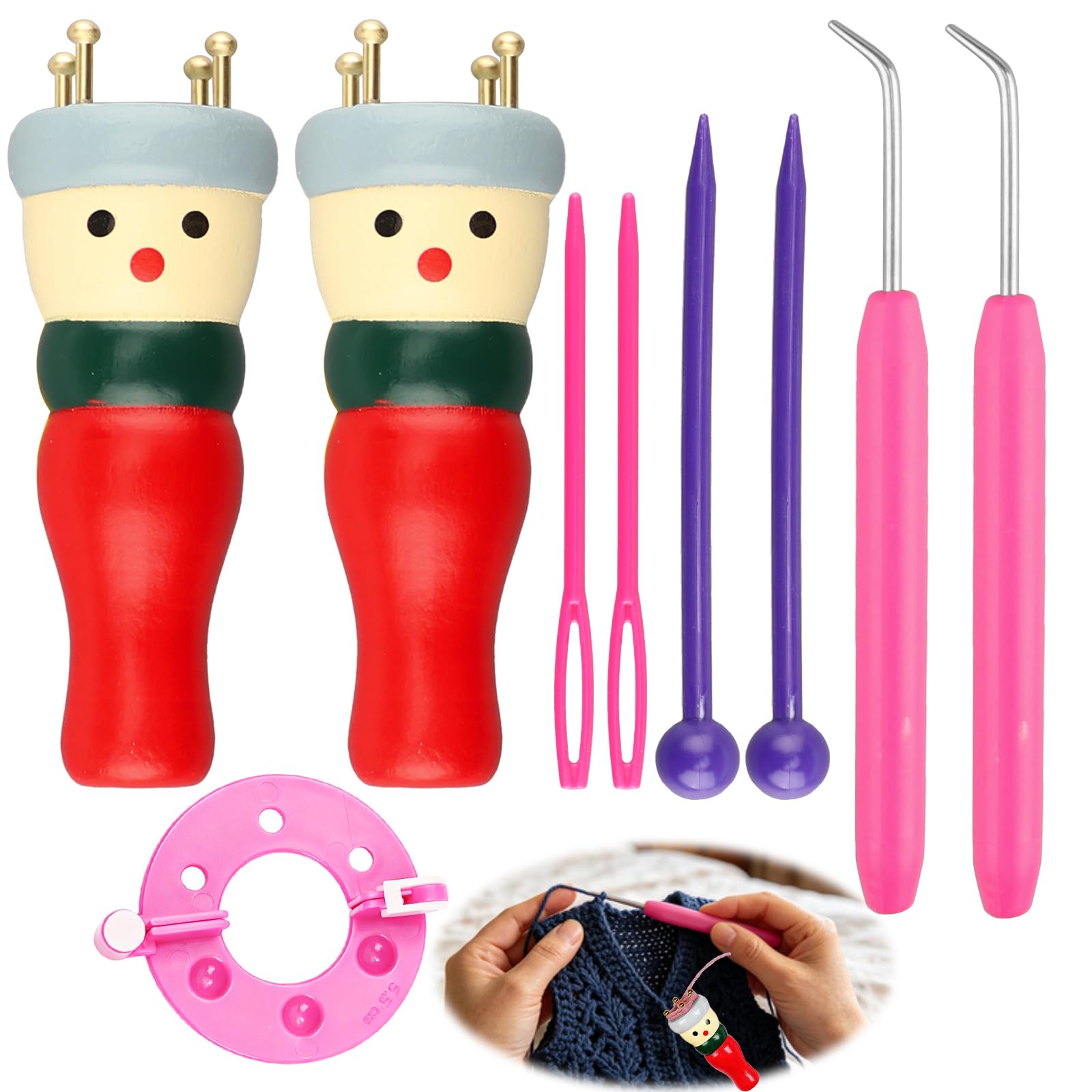 2 Pack French Knitting Dolly Set, Wooden Knitting Starter Kit Beginners Starter Kit for Adults Spool Knitting Doll Toy Needles for Beginners Starter with 10 Needle Threaders for Making (2pack+7)