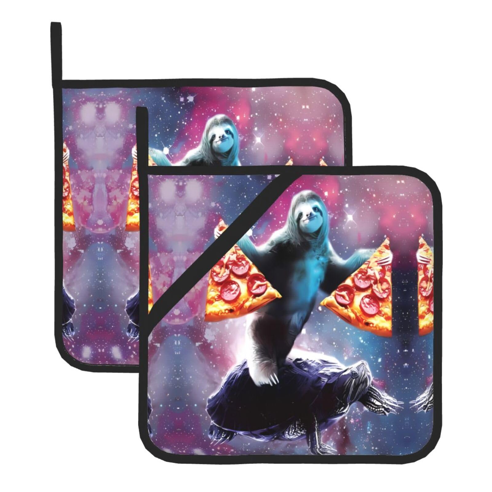 YYHHAOFA pizza sloth Prints Square Hot Pads for Kitchen Counter - Waterproof Pot Covers with Hanging Loop - Thick Heat Resistant Trivets for Microwave & Oven (2-Pack)