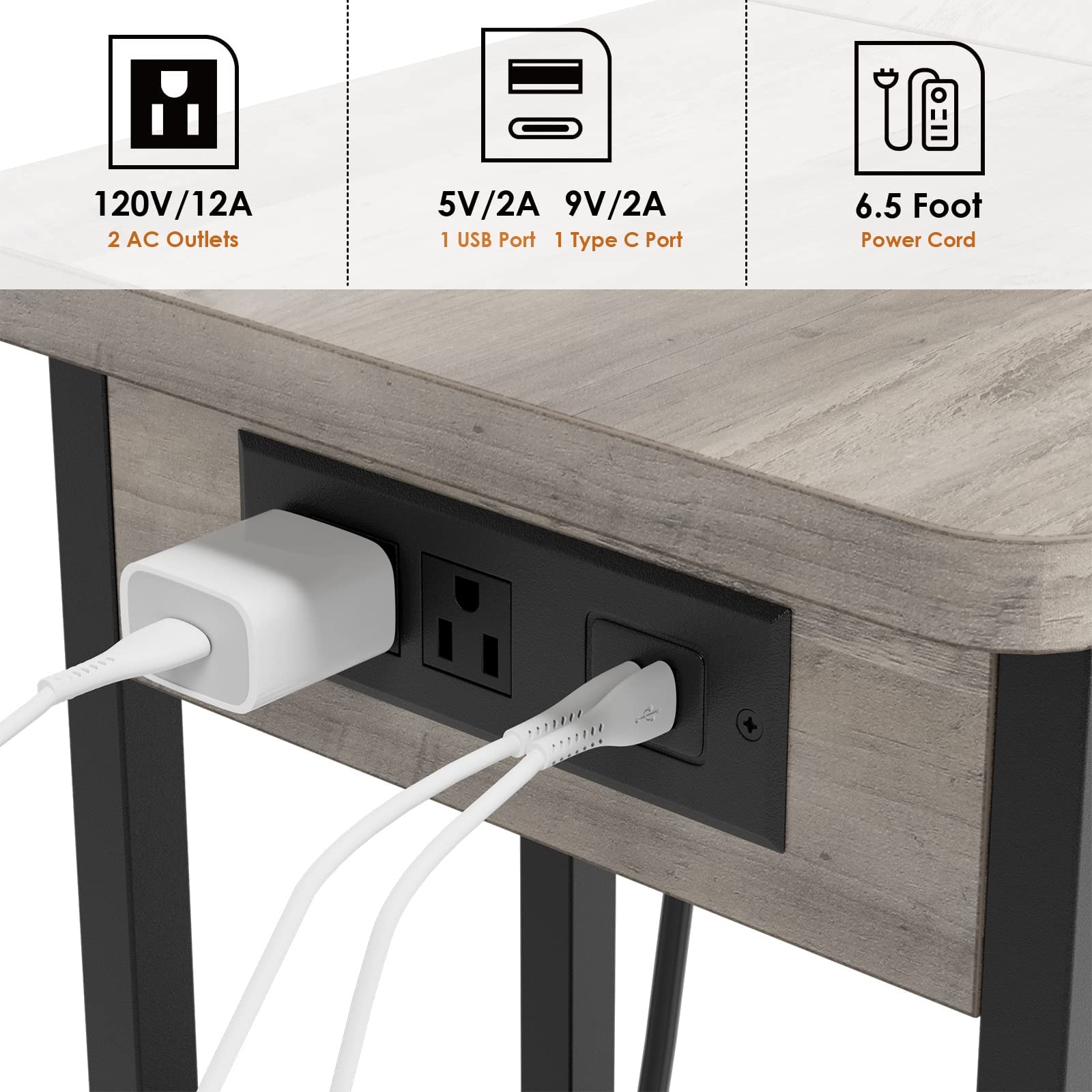 Beistelltisch mit Steckdose und Rollen – Mobiler Tisch in C-Form, 60 x 35 x 75 cm, mit Metallfuß für Wohnzimmer, Bett oder Büro