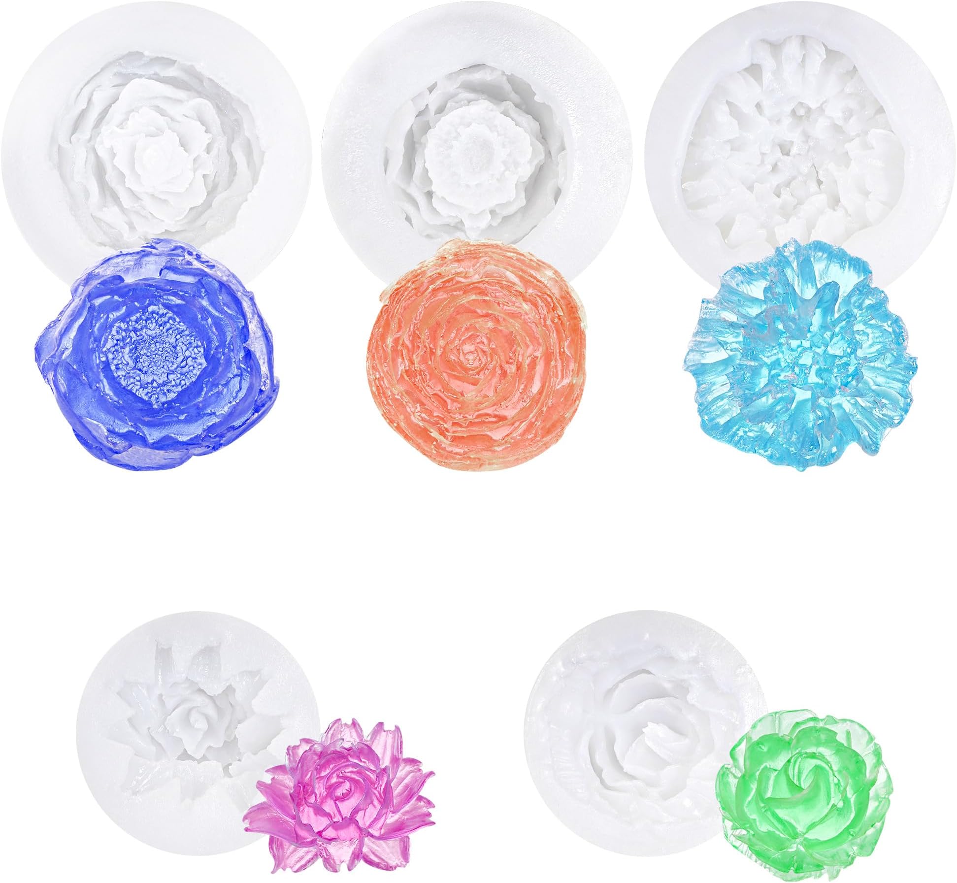 5 Pack 3D Silicone Flower Moulds, DIY Bloom Rose Resin Moulds Silicone, Reusable Candle Mould for Soap Making, Chocolate Baking
