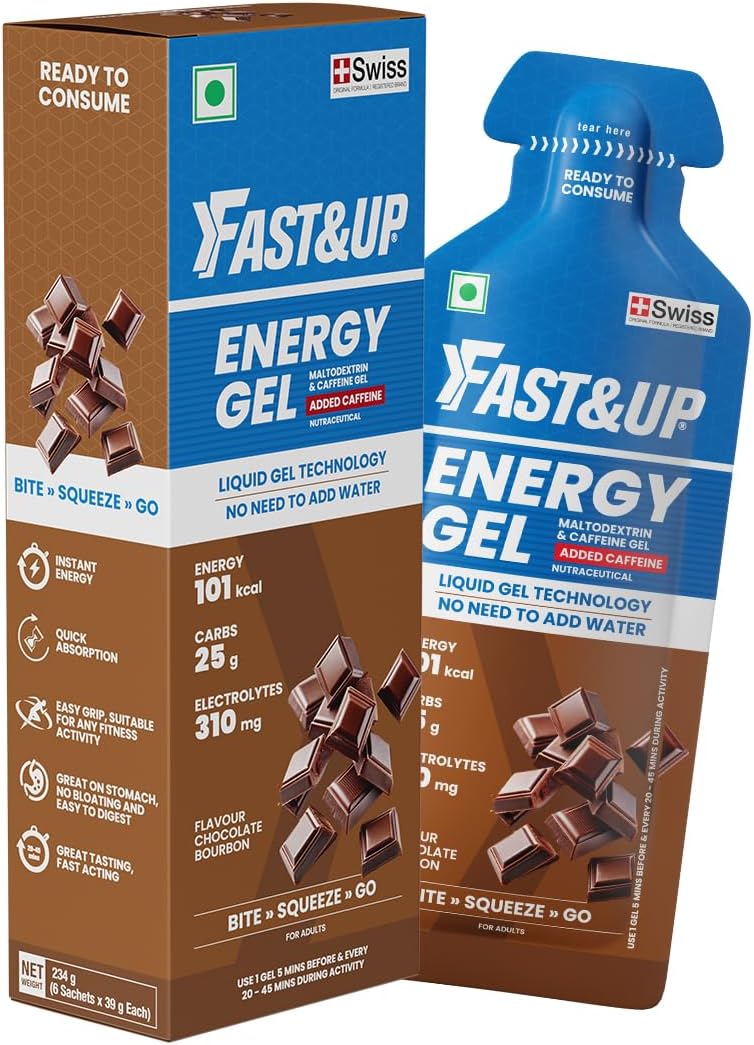 Energy Gel- Chocolate Bourborn flavour (Caffeinated) - Pack of 6 Gel Sachets, 39g per sachet- For Instant energy boost, Improved endurance and performance