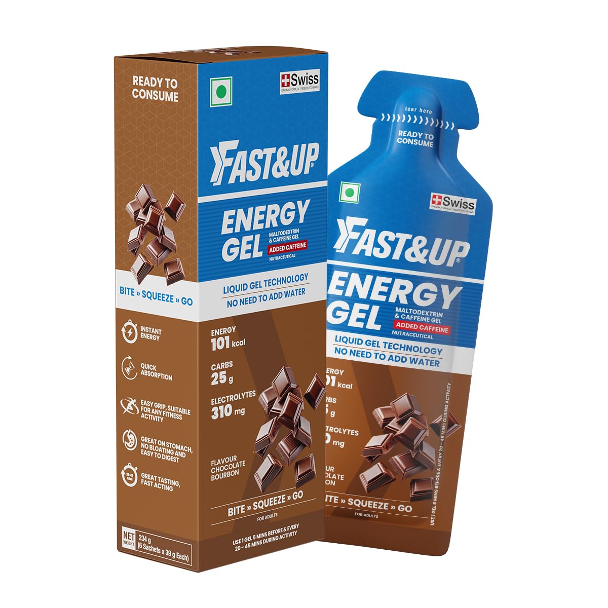 Fast&Up Energy Gel- Chocolate Bourborn flavour (Caffeinated) - Pack of 6 Gel Sachets, 39g per sachet- For Instant energy boost, Improved endurance and performance