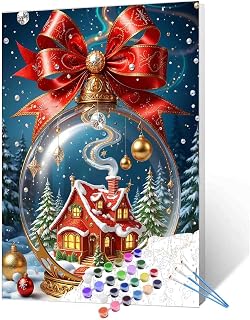 Christmas Glass Ball House Log Cabin Paint By Numbers Kits Winter Snow Scene Xmas Theme Paint By Number Sets Red Cottage Forest Night Scene Home Wall Decor Gift Decor 16''W X 20''H (Frameless)