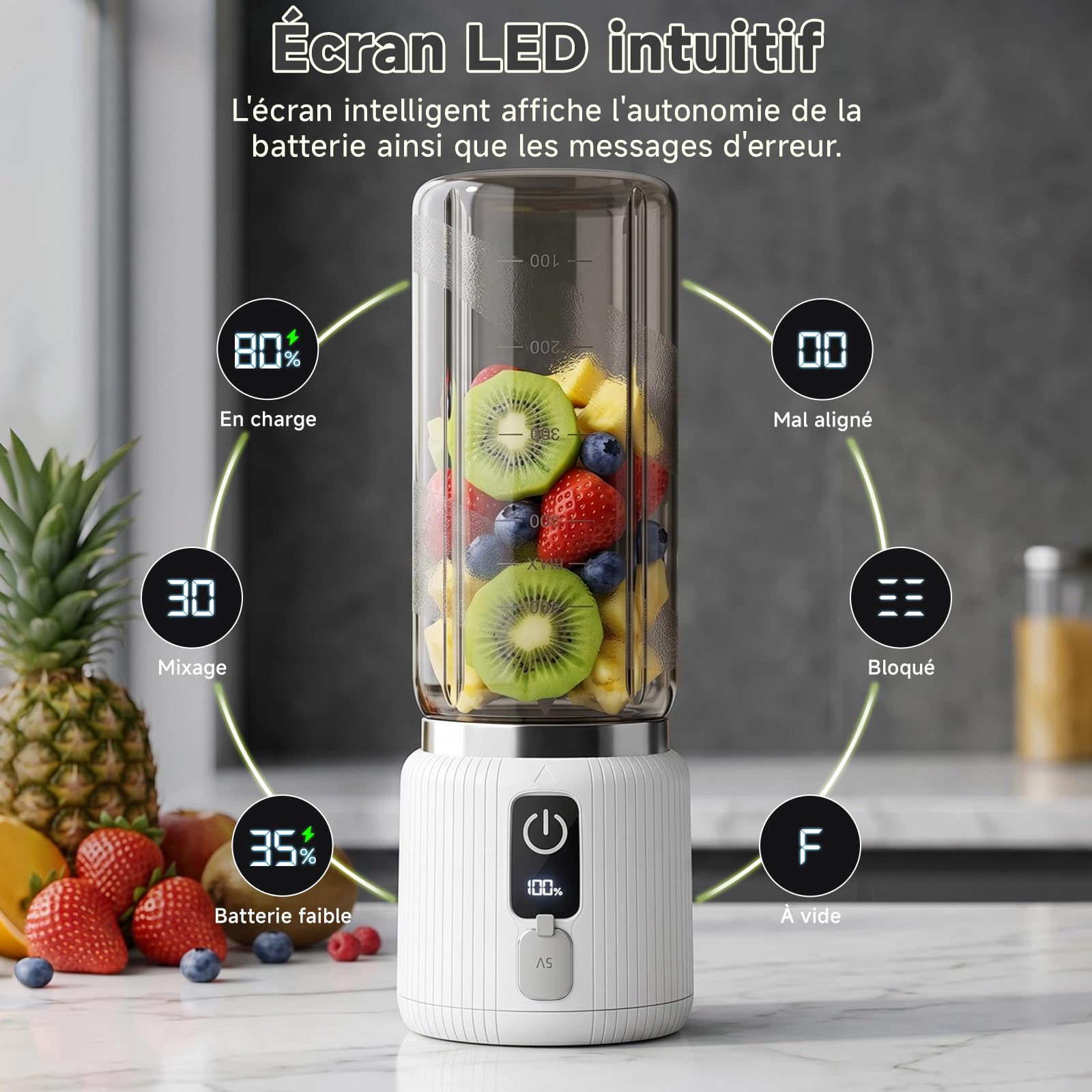 COKUNST Mixeur Portable, Mini mixeur blender avec 8 lames, Rechargeable | smoothie mixer personnel avec affichage LED, mixeur USB-C avec couvercle pour voyage, salle de sport, 22 000RPM, 500ml, Blanc