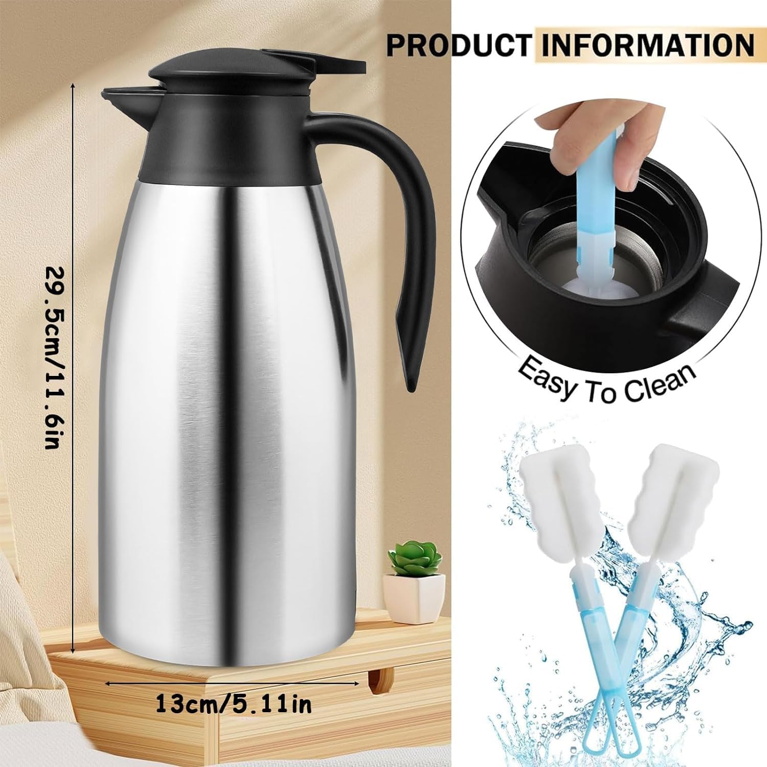 2 Pack 2L Thermal Coffee Carafe Jug, 68 OZ Silver Stainless Steel Insulated Tea Pot, Double Walled Vacuum Carafe Jug for Coffee Tea Hot Water Hot Beverage (12+ Hrs Heat & 24+ Hrs Cold Retention)