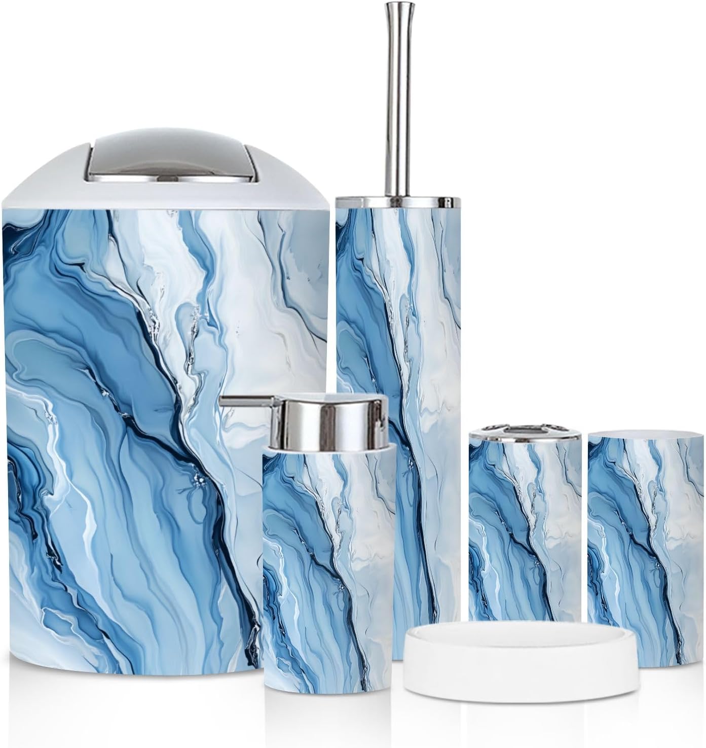 Bathroom Accessory Set 6 Piece Goldfoilart Blue Flower Light Blue White Floral Modern Flower Trash can, Toothbrush Holder, Soap Dispenser, Soap Dish, Toothbrush Cup, Toilet Brush Holder