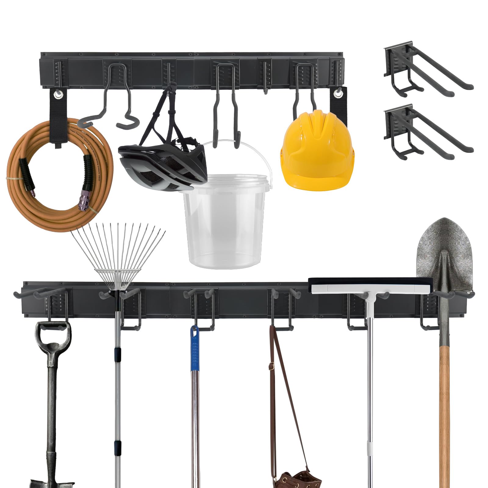 Scaffale Organizzatore da Muro 203cm per Garage e Giardino, Sistema di Conservazione con 15 Ganci e 2 Cinghie, per Attrezzi, Sci, Rastrello, Pala, Sedie e Tubi da Giardino