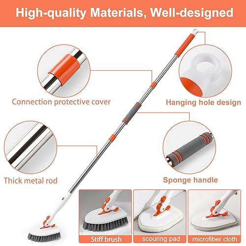 Miniatura 5 de Cepillo de limpieza de azulejos de bañera, cepillo de limpieza de ducha 3 en 1 con mango largo ajustable de 53 pulgadas, cepillo de limpieza de piso
