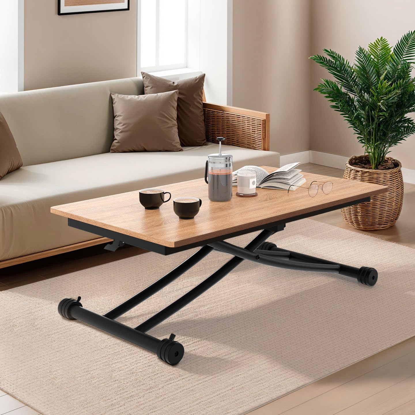 IDMarket – Mesa de centro fija elevable en mesa de comedor Urbana madera/negro | Rectangular, 100 x 57 x 28/75 cm, bandeja de madera y pie negro, diseño industrial