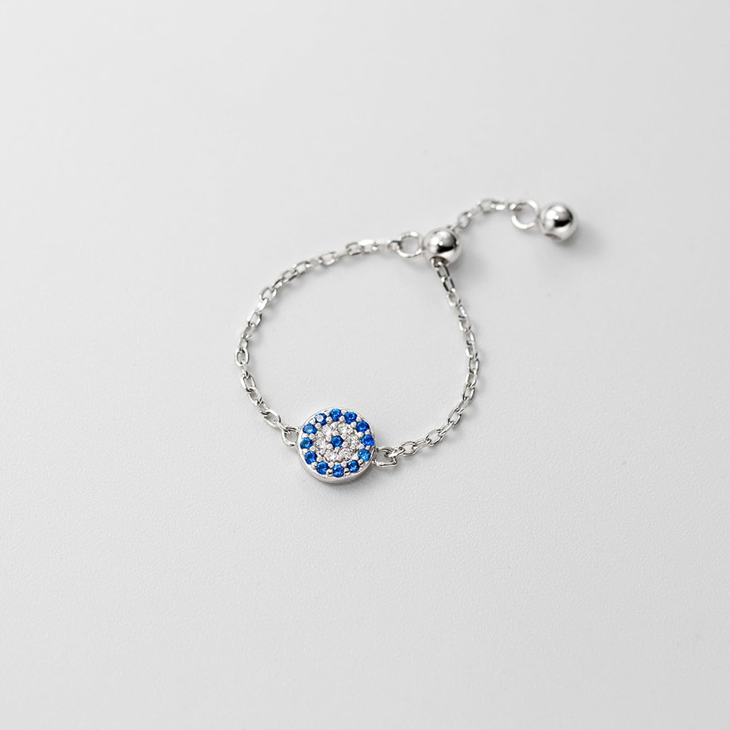 925 Sterling Silver Evil Eye Dangling Charm Fidget Rings with Bead for Women 14k Gold Plated Blue Cubic Zirconia Adjustable Tassel Chain Ring Sacking Finger Statment Ring Jewelry Gifts - Image 5