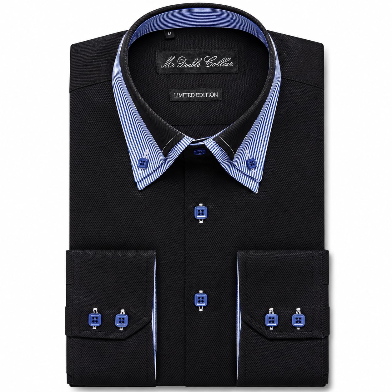 Camicia a maniche lunghe da uomo, design italiano, colore nero con bottoni blu, doppio colletto, elegante, casual, formale, a maniche lunghe