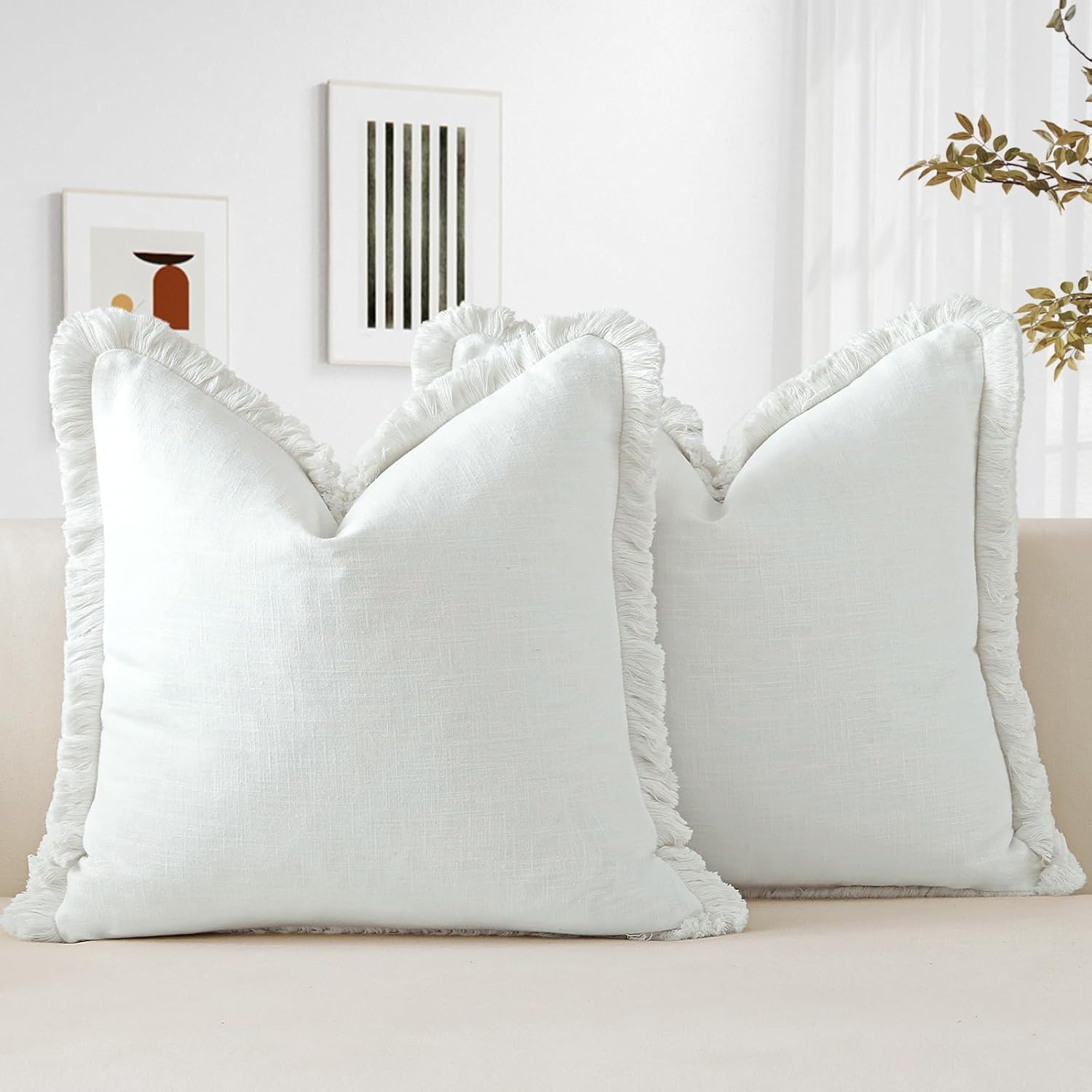 OTOSTAR Set of 2 Linen Fringe Decorative Throw Pillow Covers 18x18 Inch Soft Accent Cushion Covers with Tassels Boho Farmhouse Home Decor Pillowcases for Sofa Couch Patio Bed Living Room, White