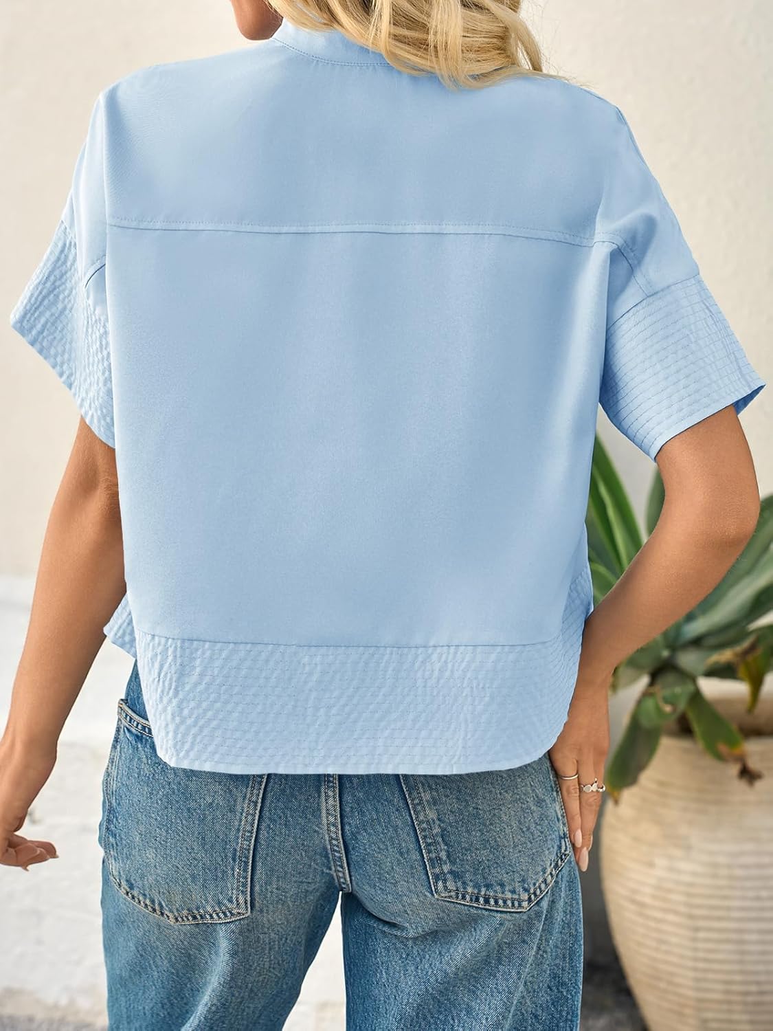 Cicy Bell Womens Cropped Short Sleeve Button Down Shirts Pleated Summer Dressy Casual Blouse Stand Collar Loose Fit Tops - Image 5