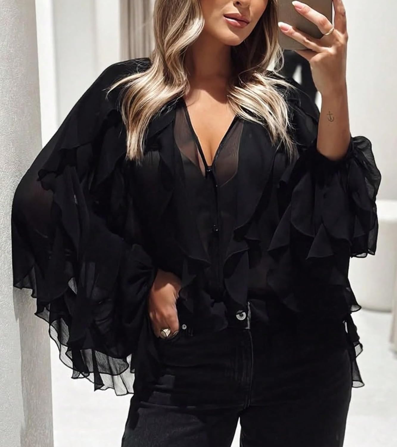 LETSVDO Women's Ruffle Chiffon Tops Puff Sleeve Sheer See Through Button Down V Neck Bubble Loose Casual Blouses Shirts - Image 8