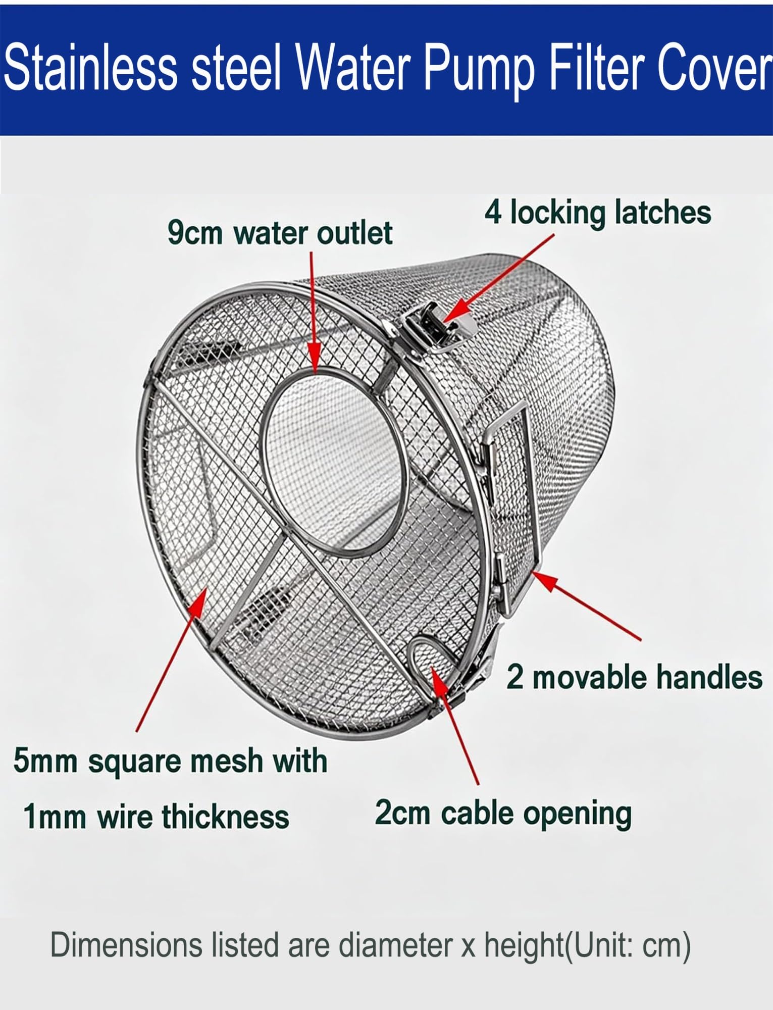 Filtro per pompa sommergibile in acciaio 304 inless con chiusure di bloccaggio, rete da 5 mm, accessorio per filtraggio dell'acqua per rium, piscine e uso industriale