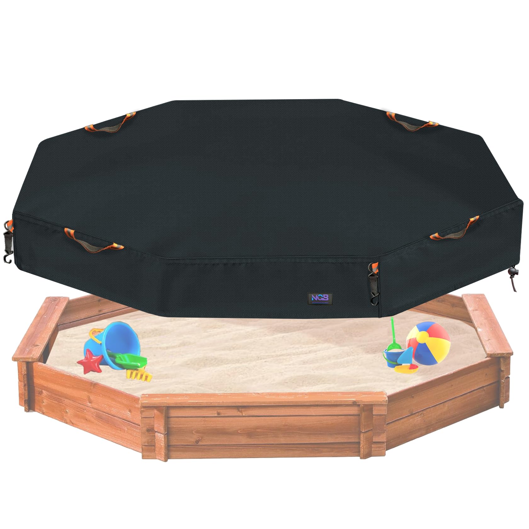 NGB Octagon Sandboxes Cover,with 4 Windproof Hooks 4 Reflective Handles and Elastic Pull Cord ，600D Oxford Garden Canopy Sandpit Pool Protection Cover Dustproof and Waterproof (Black,86x79x9inch)