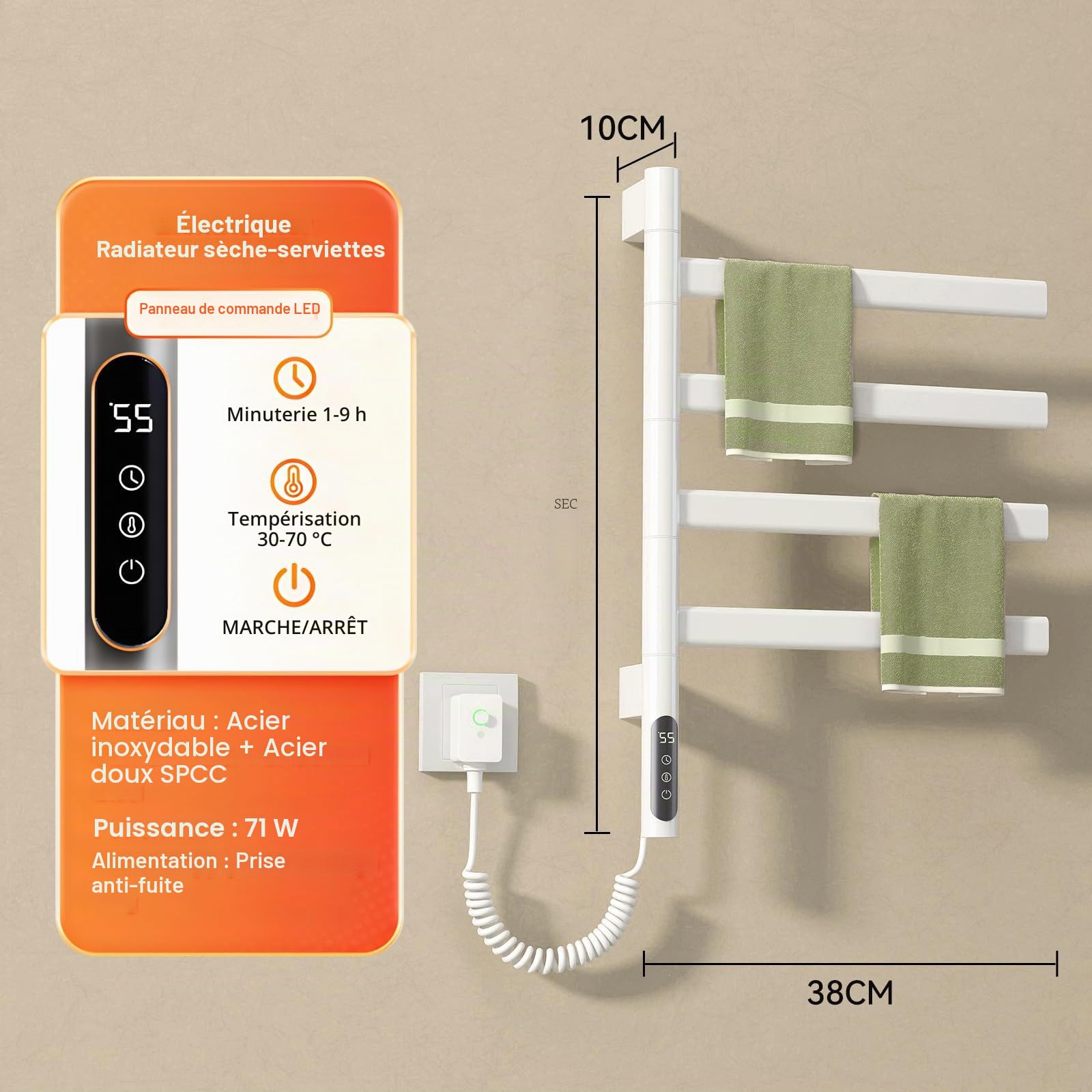 Sèche-Serviettes de Salle de Bain Rotatif à 180° radiateur sèche-Serviettes électrique 220V 150W avec minuterie et Thermostat 30-70
