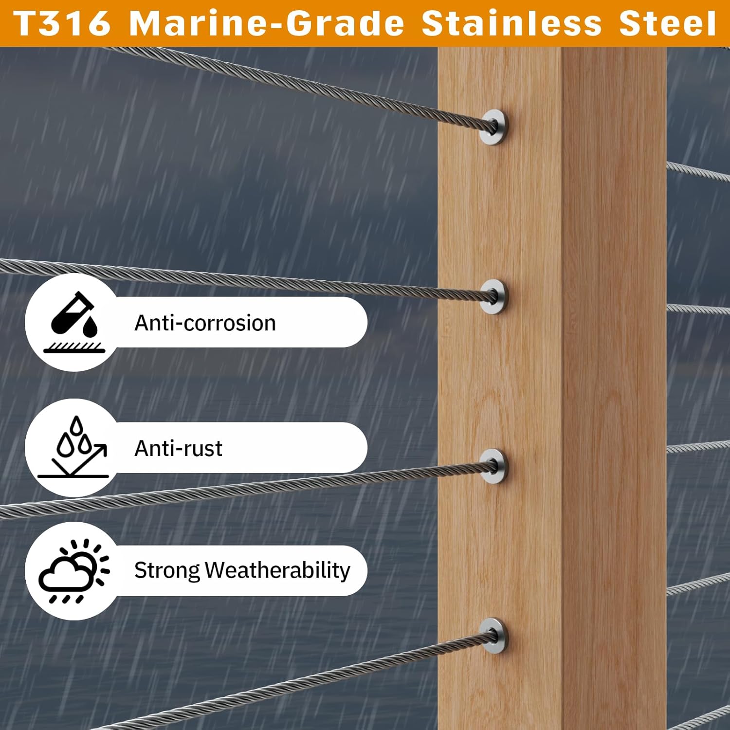 Cable Railing Protector Sleeves - 50 Pack T316 Stainless Steel Protective Sleeves - 1/8" 3/16" 5/32" Deck Cable Railing Hardware Kit for Wood Posts