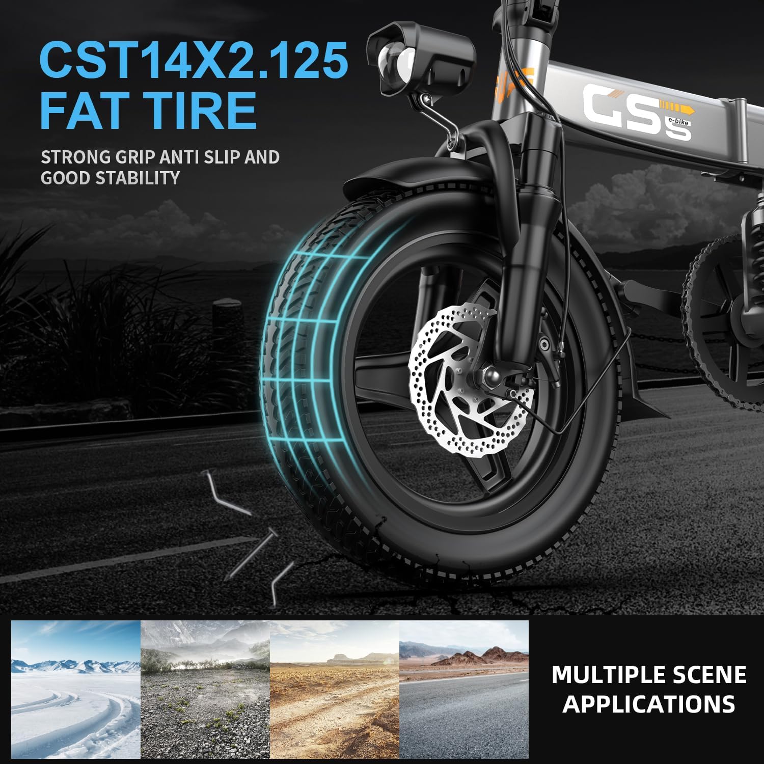 Heavy-Duty Foldable Electric Bike for Adults with 7 Shock Suspension, 500+ lbs Capacity, 740W Motor, 25MPH, 720Wh Battery, 20-Mile Range, 14“ Fat Tires Commuter Bicycle for Road & Mountain Riding